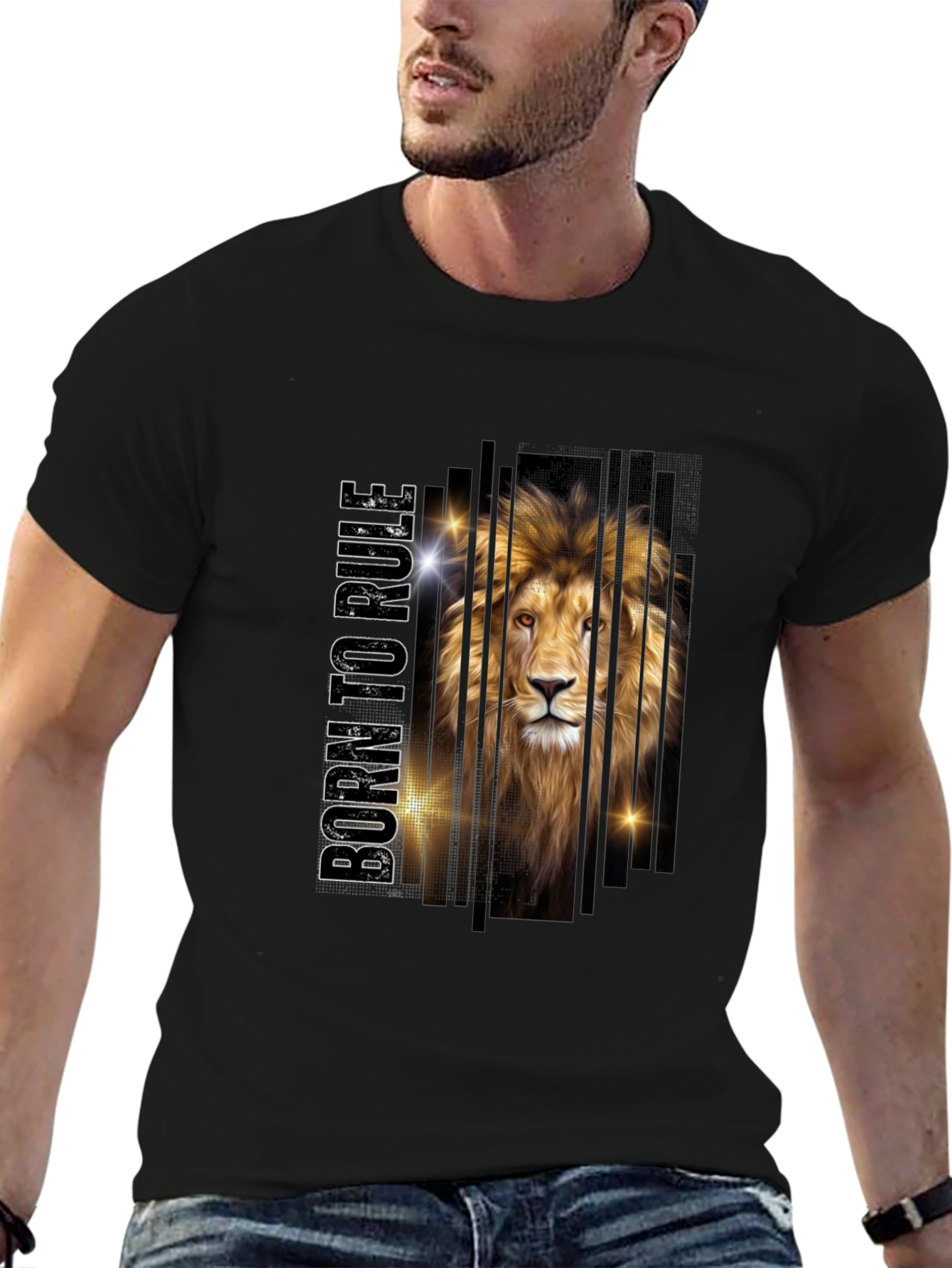 Black Born to Rule Lion Graphic Print Tee - Stylish Men's Black T-Shirt view 6