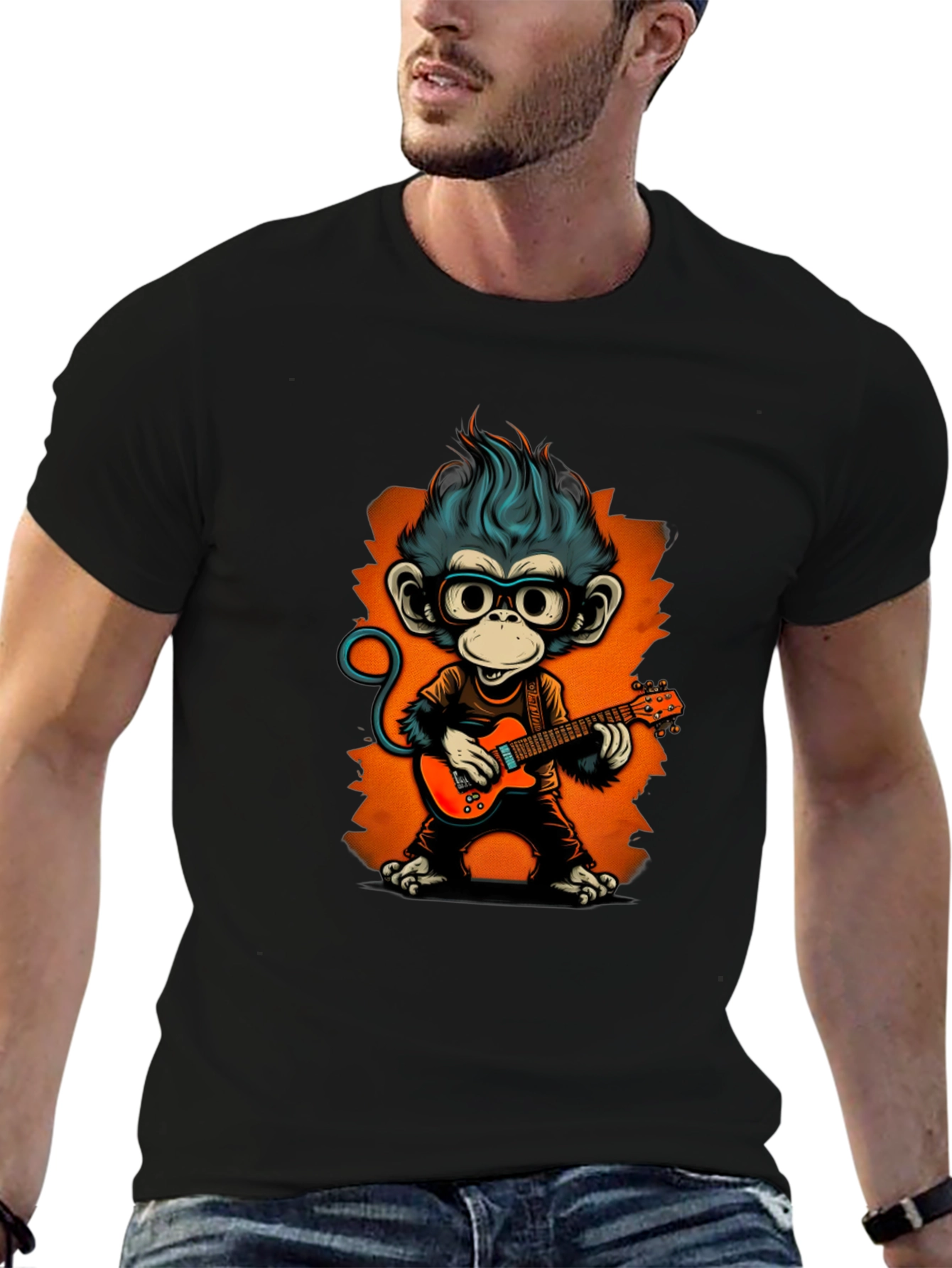 Black Cool Monkey Guitarist Graphic Tee view 6