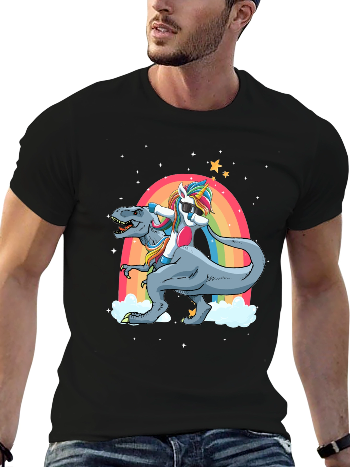 Black Unicorn Riding T-Rex T-Shirt view 6