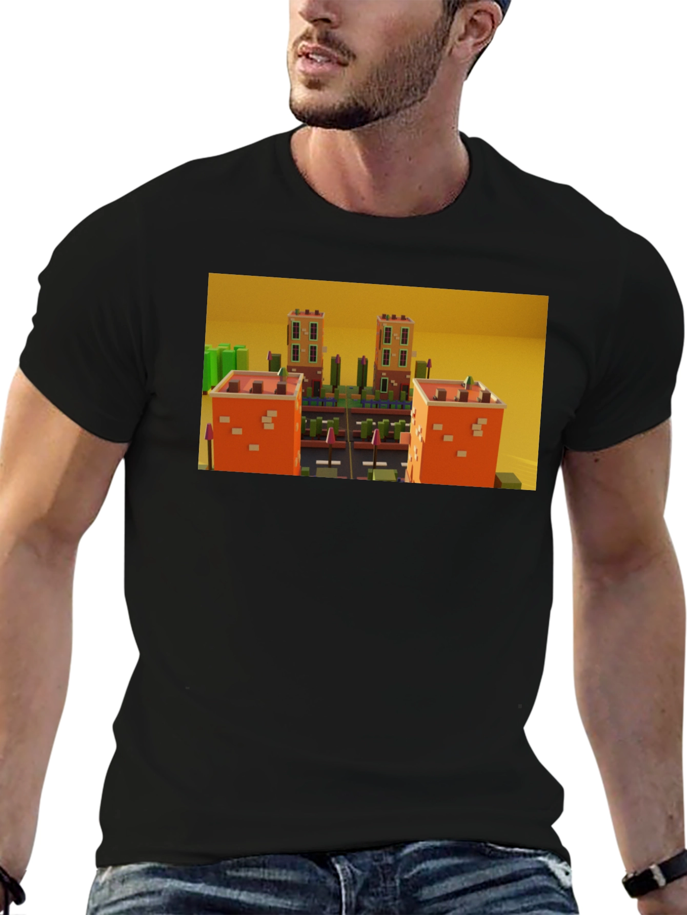 Black Black T-Shirt with 3D Cityscape Design view 6