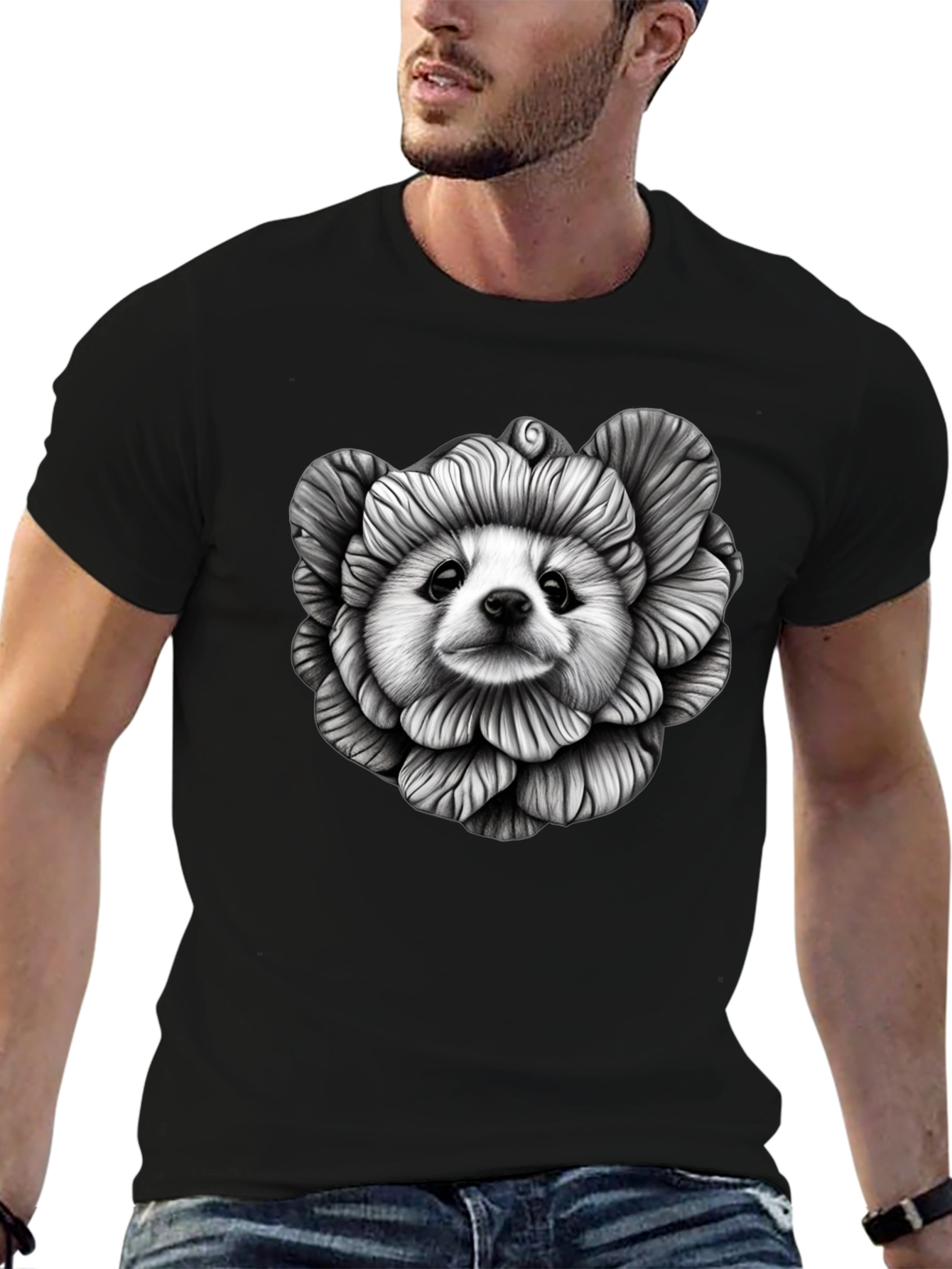 Black Dog Flower Graphic Tee - Unique Art T-Shirt view 6