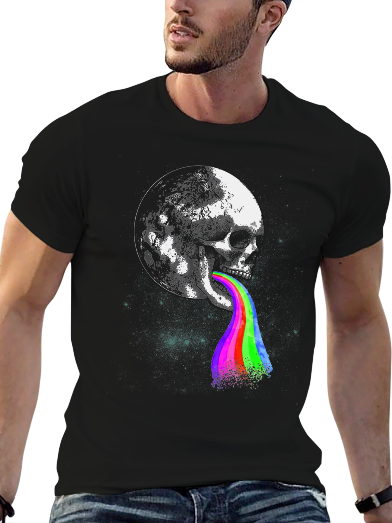 Black Skull Moon Rainbow Tongue Graphic Tee view 6