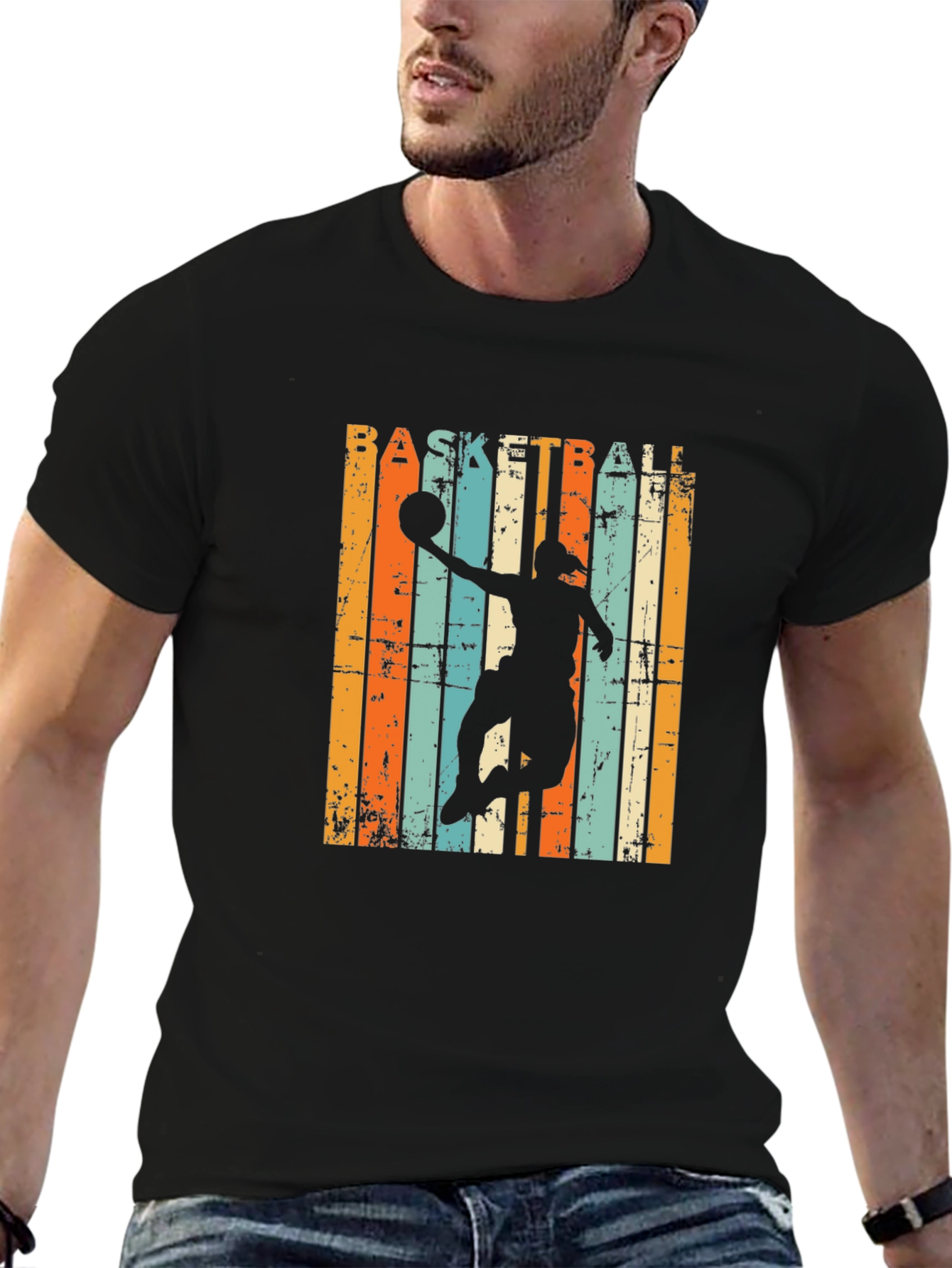 Black Basketball Silhouette Retro Striped Graphic Tee view 6