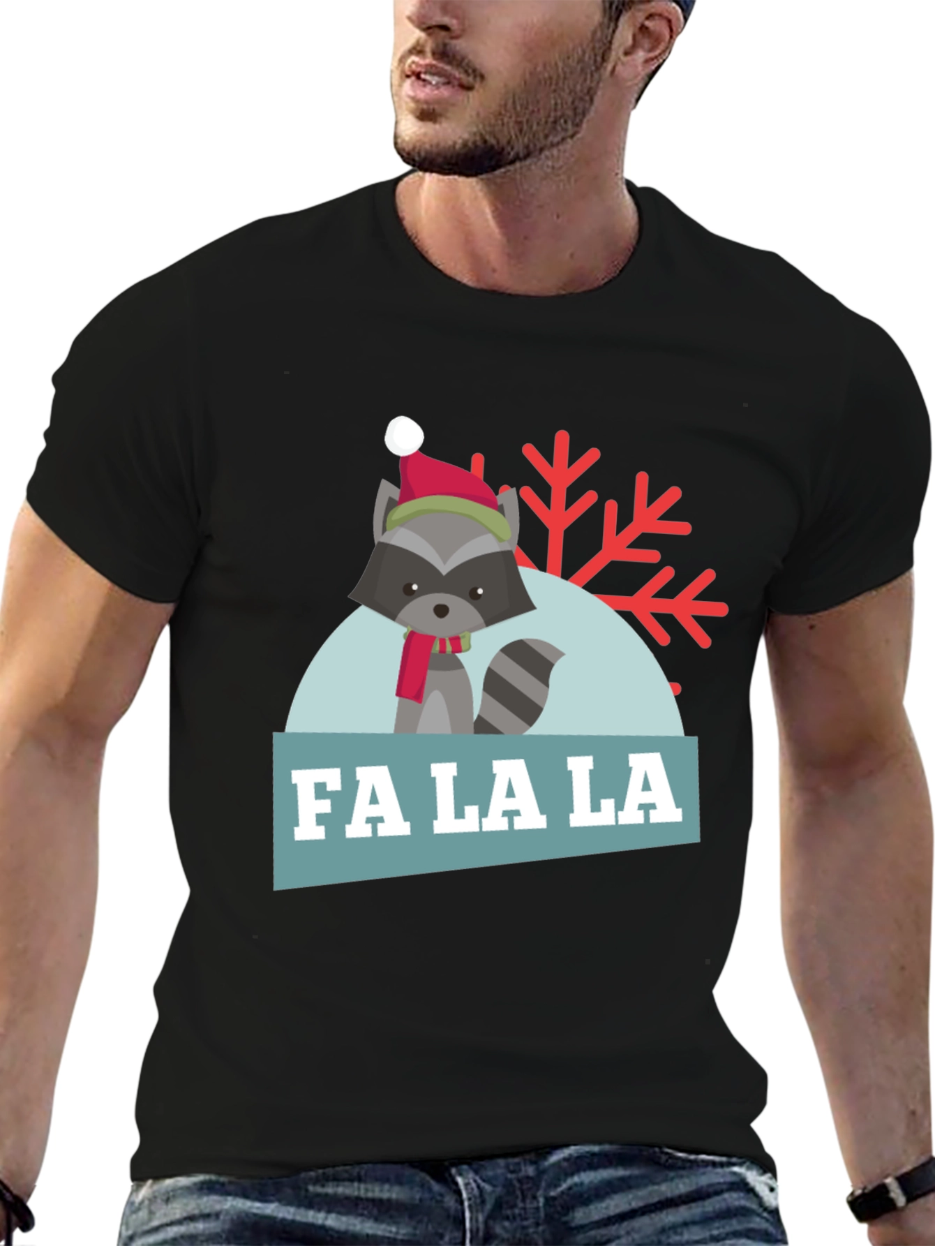Black Festive Raccoon 'Fa La La' Holiday T-Shirt view 6