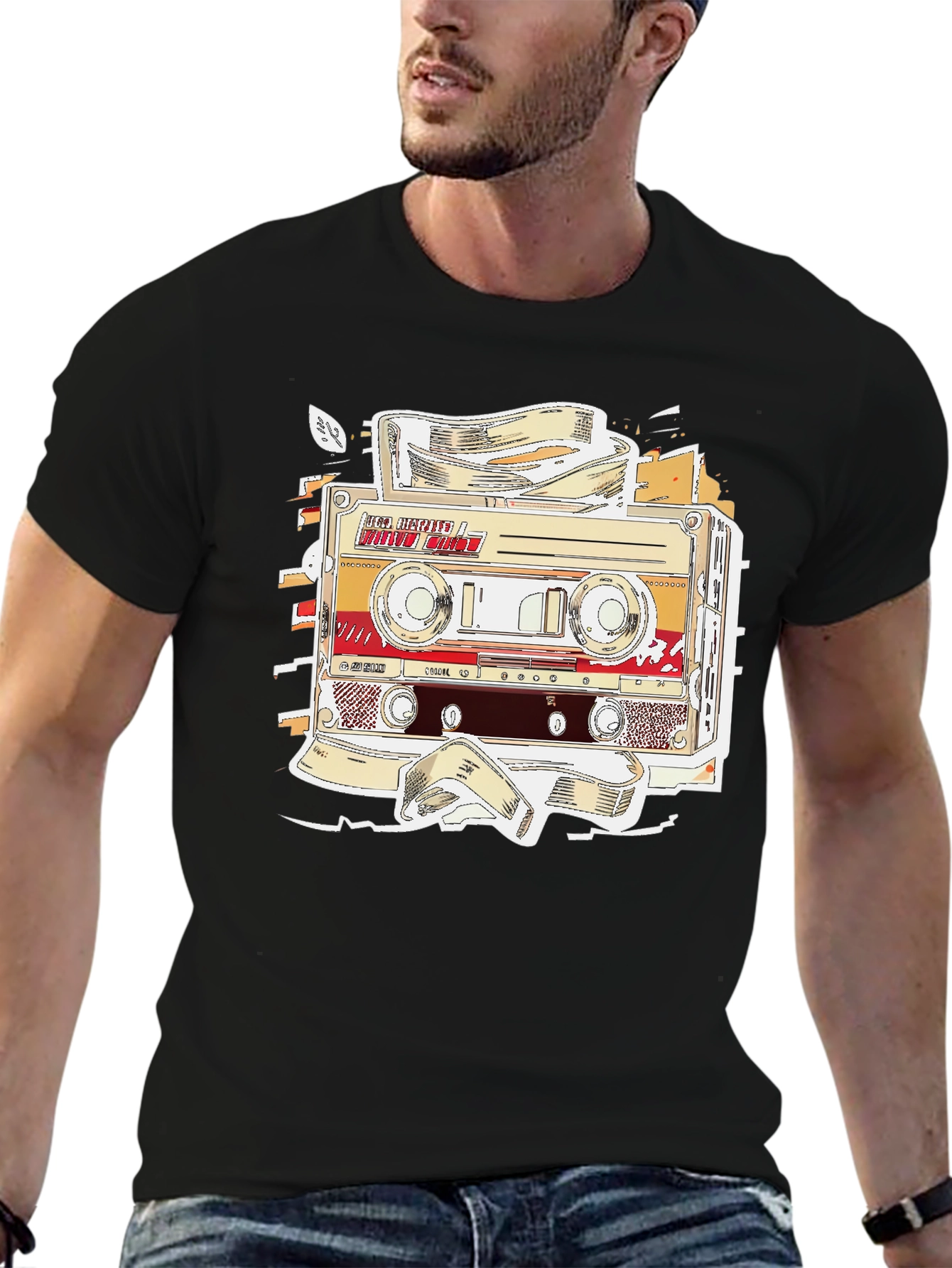 Black Retro Cassette Tape Graphic T-Shirt - Vintage Music Lover Tee view 6