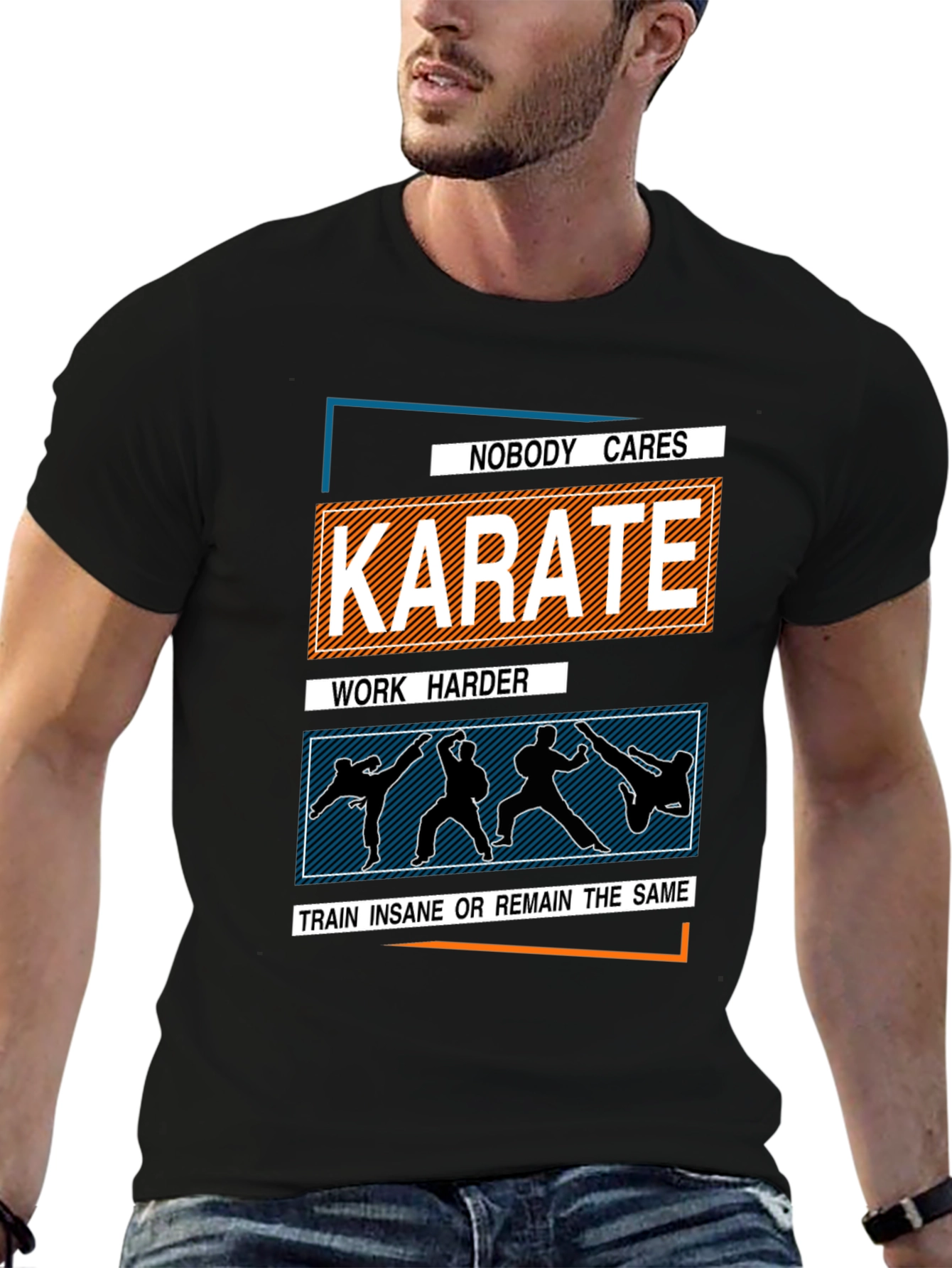 Black Karate Training T-Shirt: Nobody Cares, Work Harder view 6