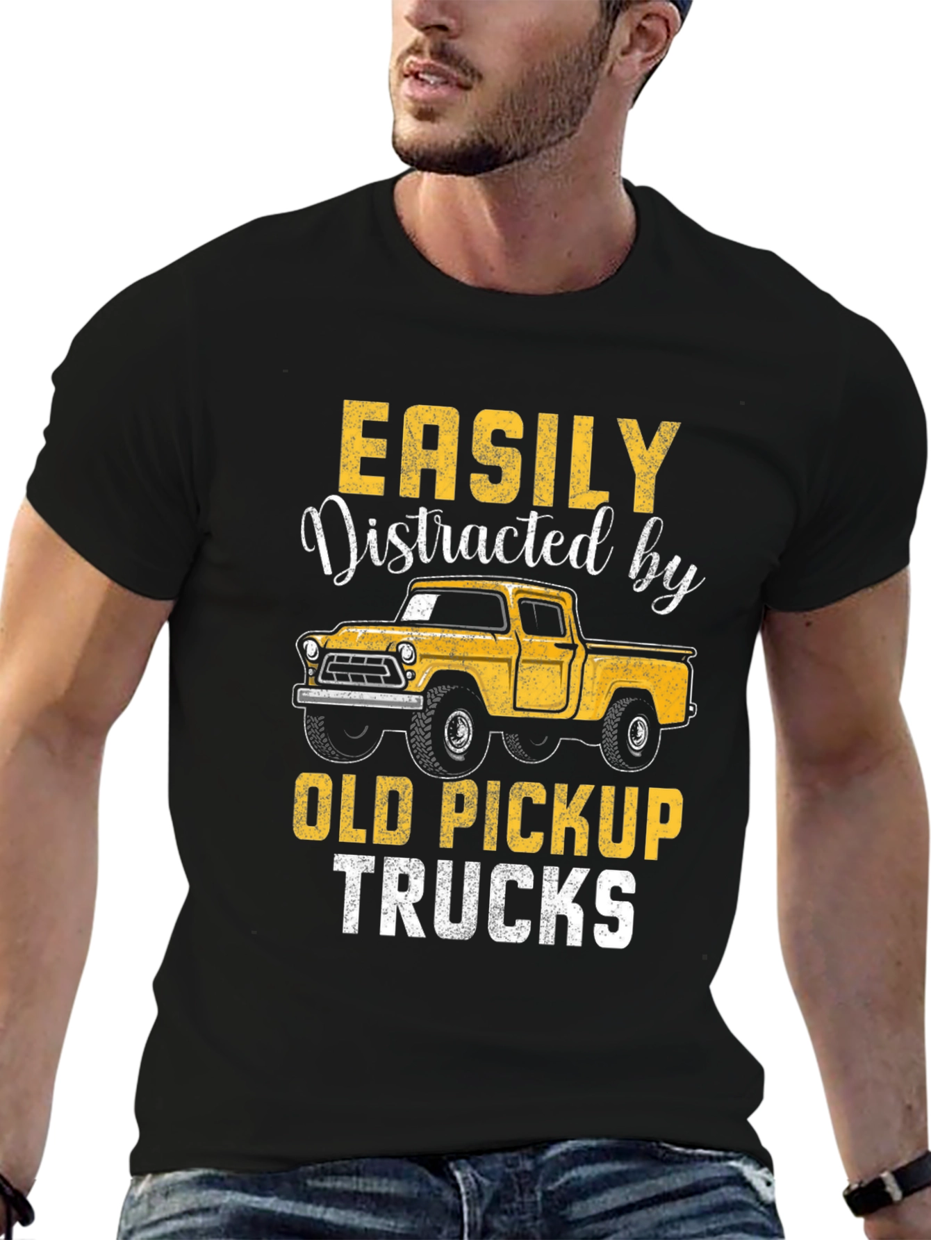 Black Easily Distracted by Old Pickup Trucks T-Shirt view 6