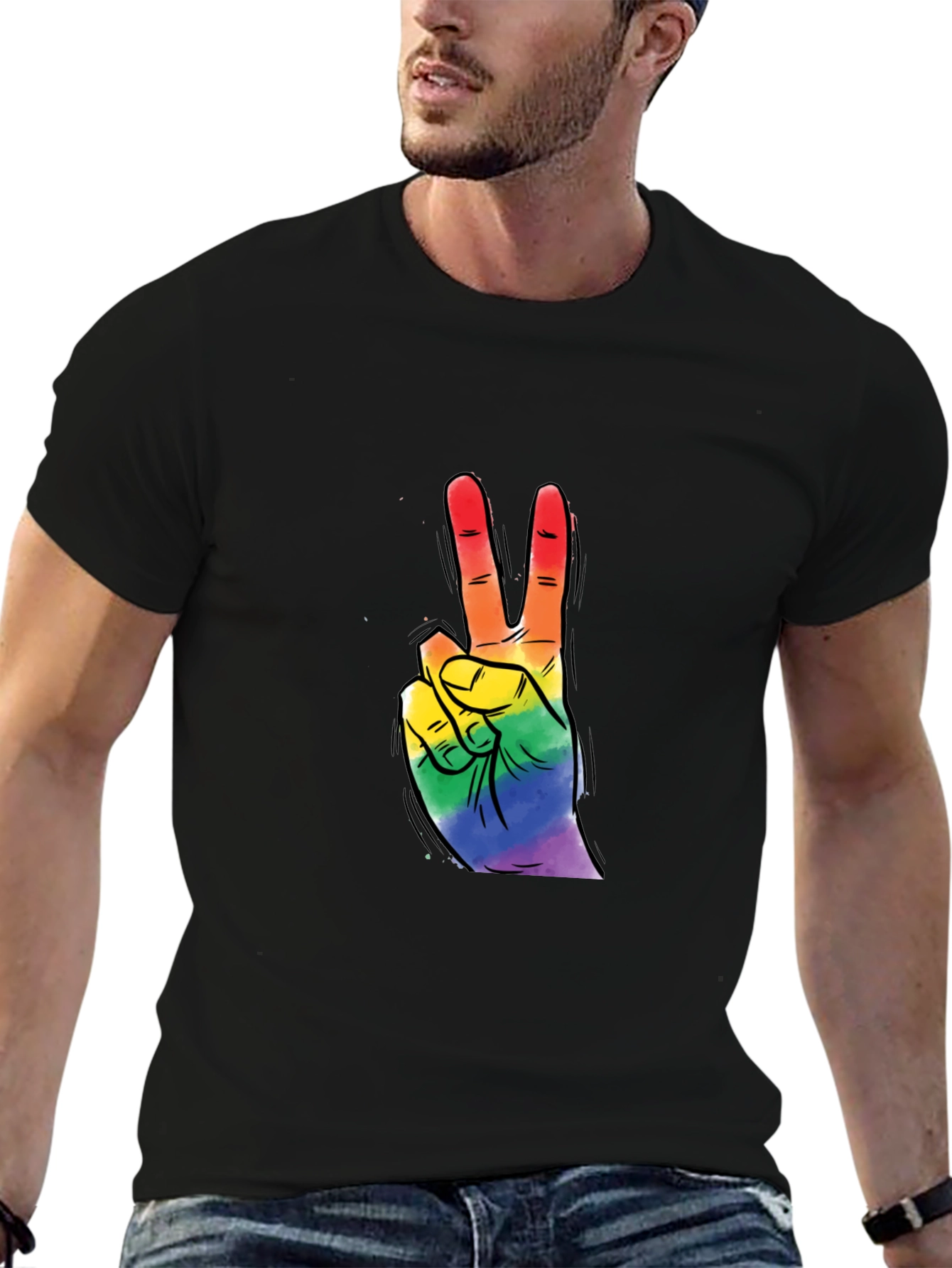 Black Rainbow Peace Sign Graphic Tee - Black Cotton T-Shirt view 6