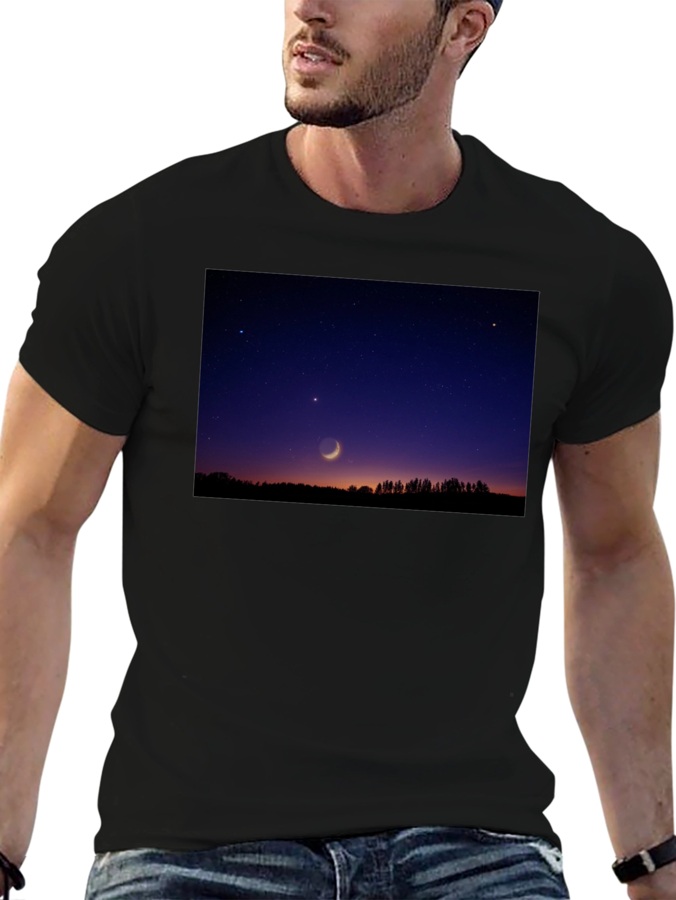 Black Men's Black T-Shirt with Night Sky Crescent Moon Design view 6