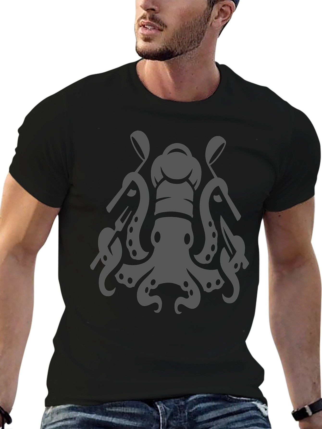Black Chef Octopus Graphic Tee - Black Cotton Blend view 6
