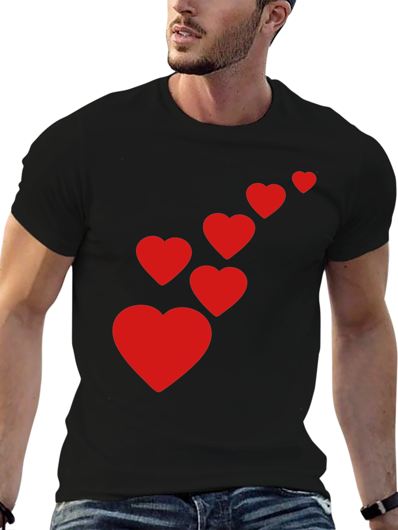 Black Men's Black T-Shirt with Red Heart Cascade view 6