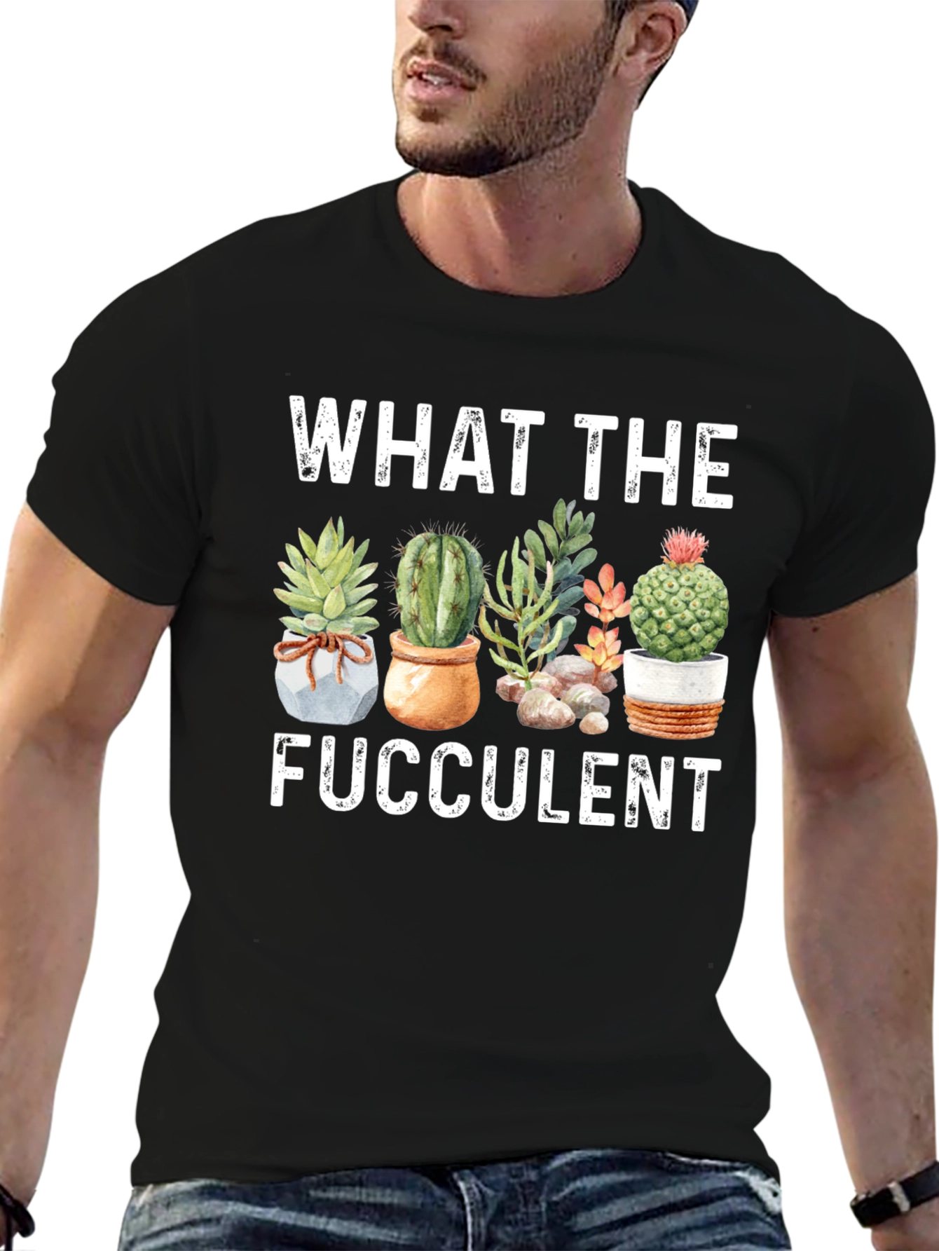 Black Funny "What The Fucculent" Graphic T-Shirt view 6