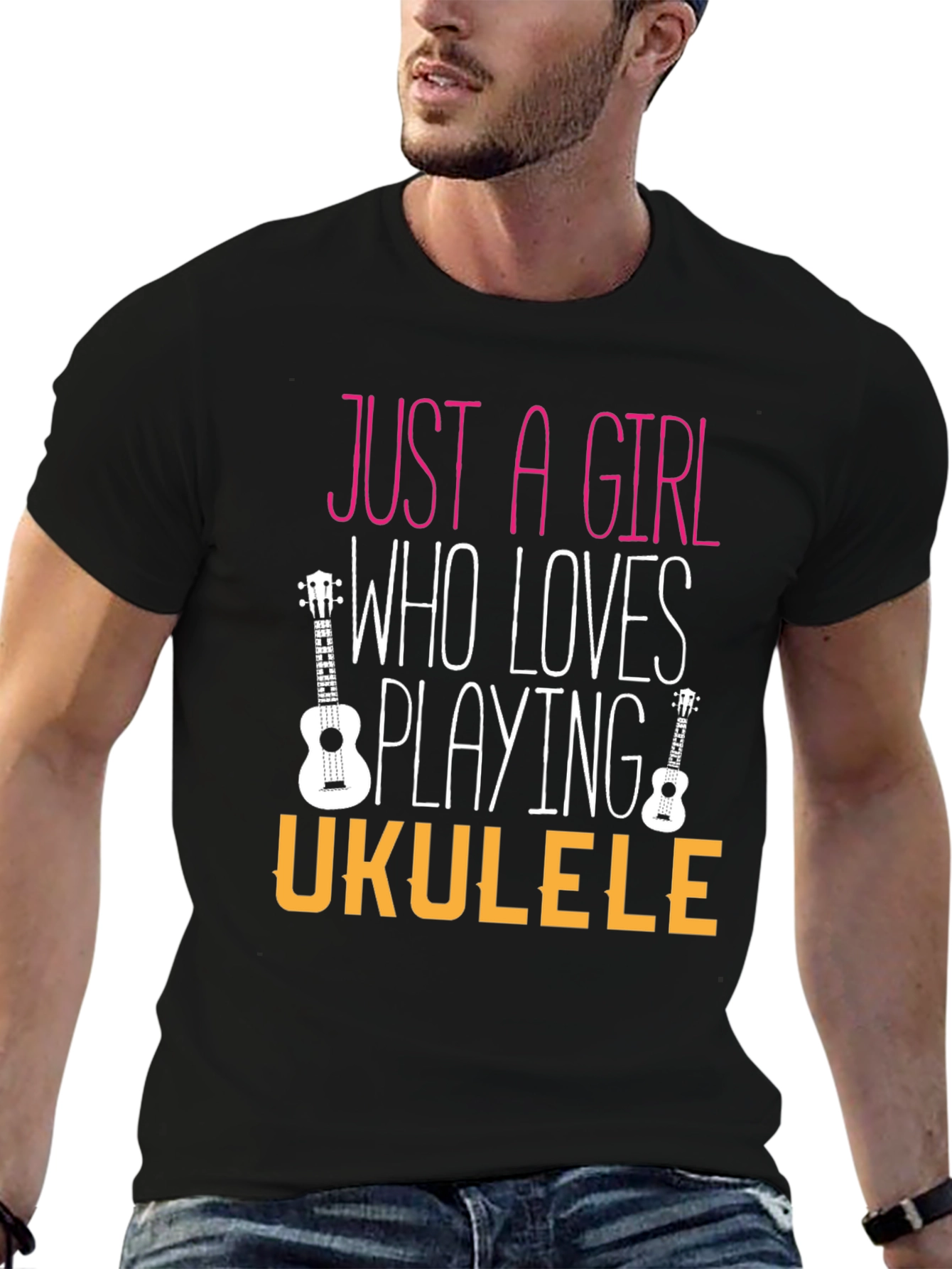 Black Just a Girl Who Loves Playing Ukulele T-Shirt view 6