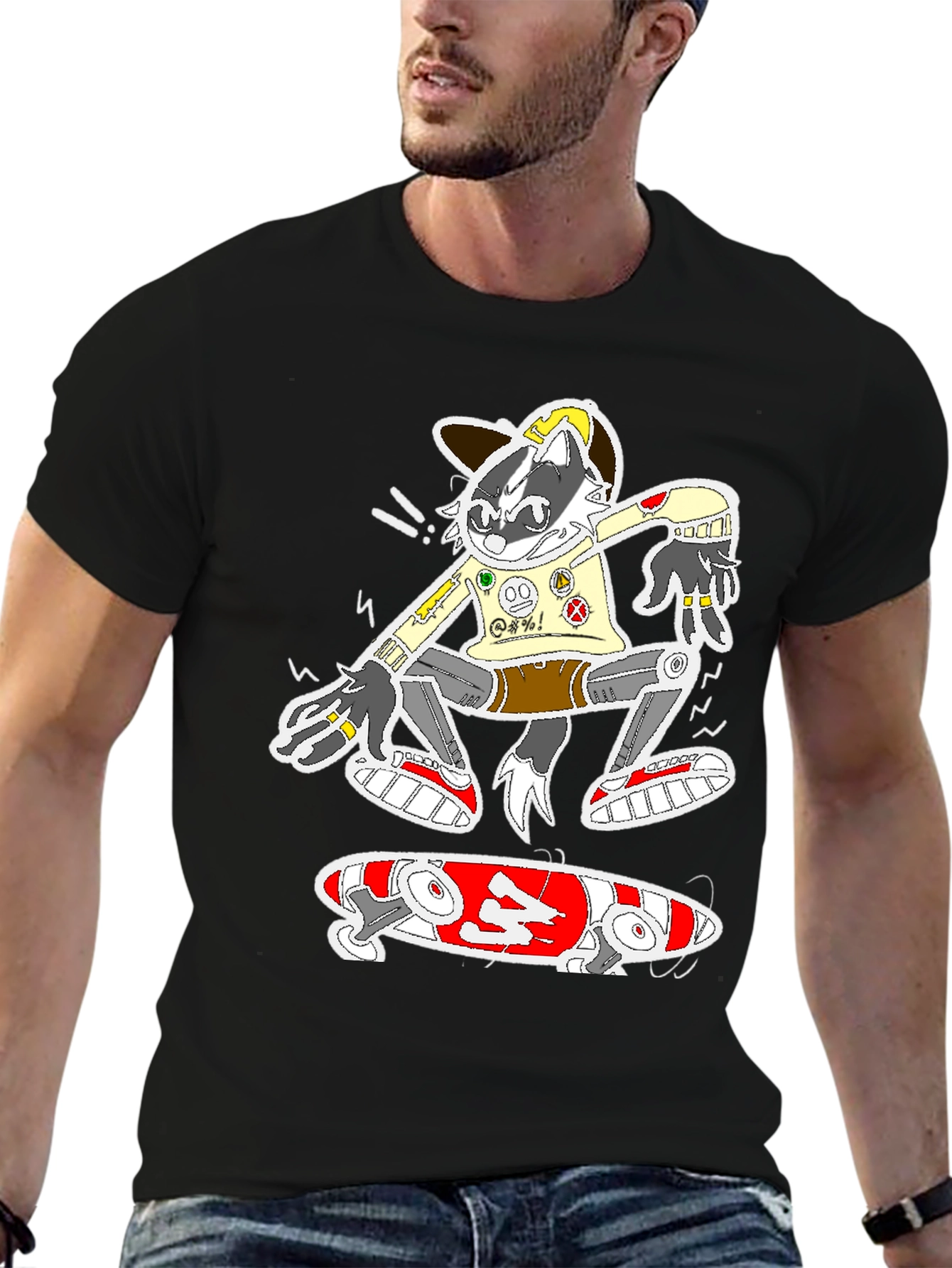 Black Skater Raccoon Graphic Tee - Black Cotton Blend view 6
