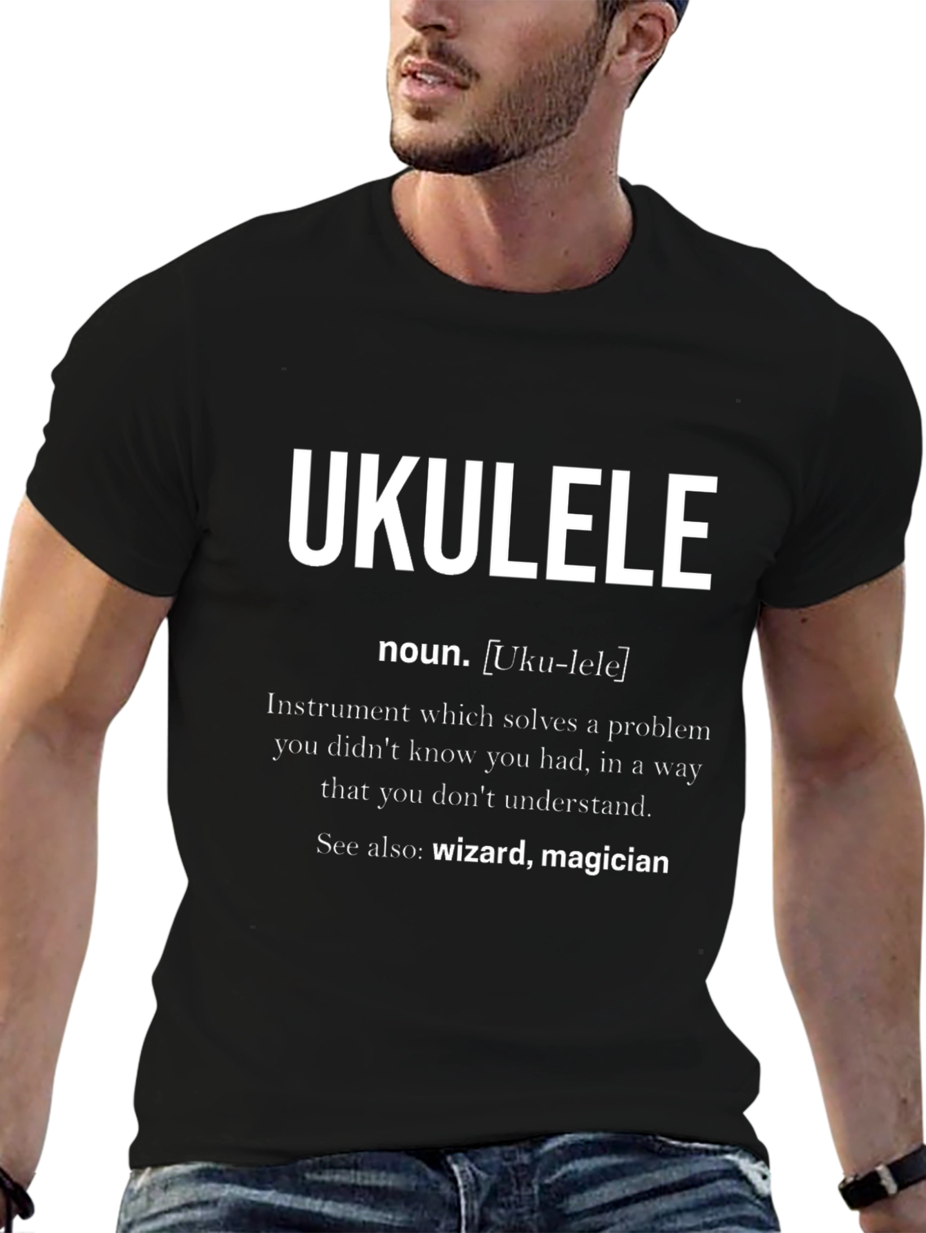 Black Ukulele Definition T-Shirt - Musician Wizard Tee view 6