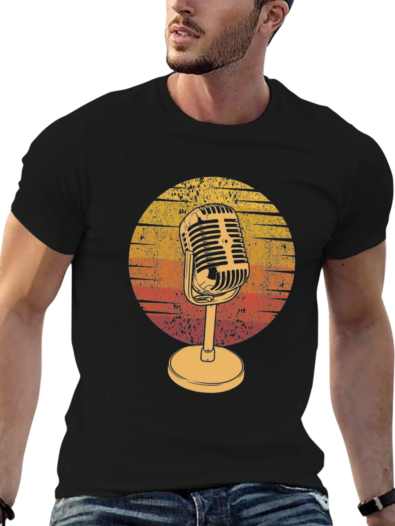 Black Retro Microphone Graphic Tee - Vintage Music Lover T-Shirt view 6