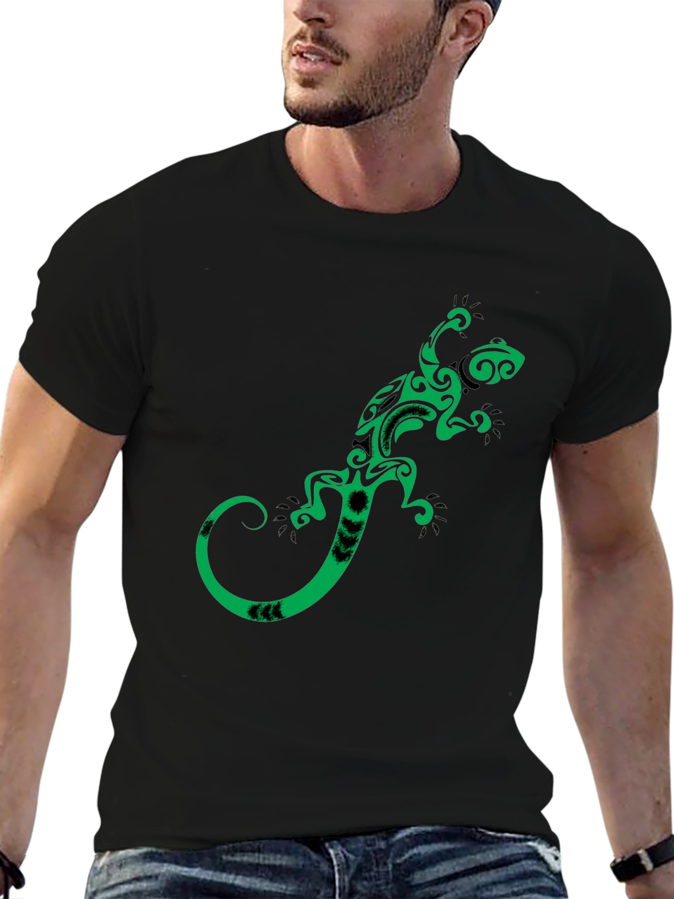 Black Tribal Gecko Graphic Tee - Stylish Black T-Shirt view 6