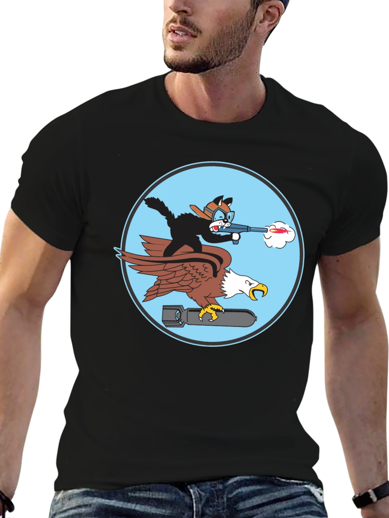 Black Cartoon Cat & Eagle T-Shirt - Funny Graphic Tee view 6
