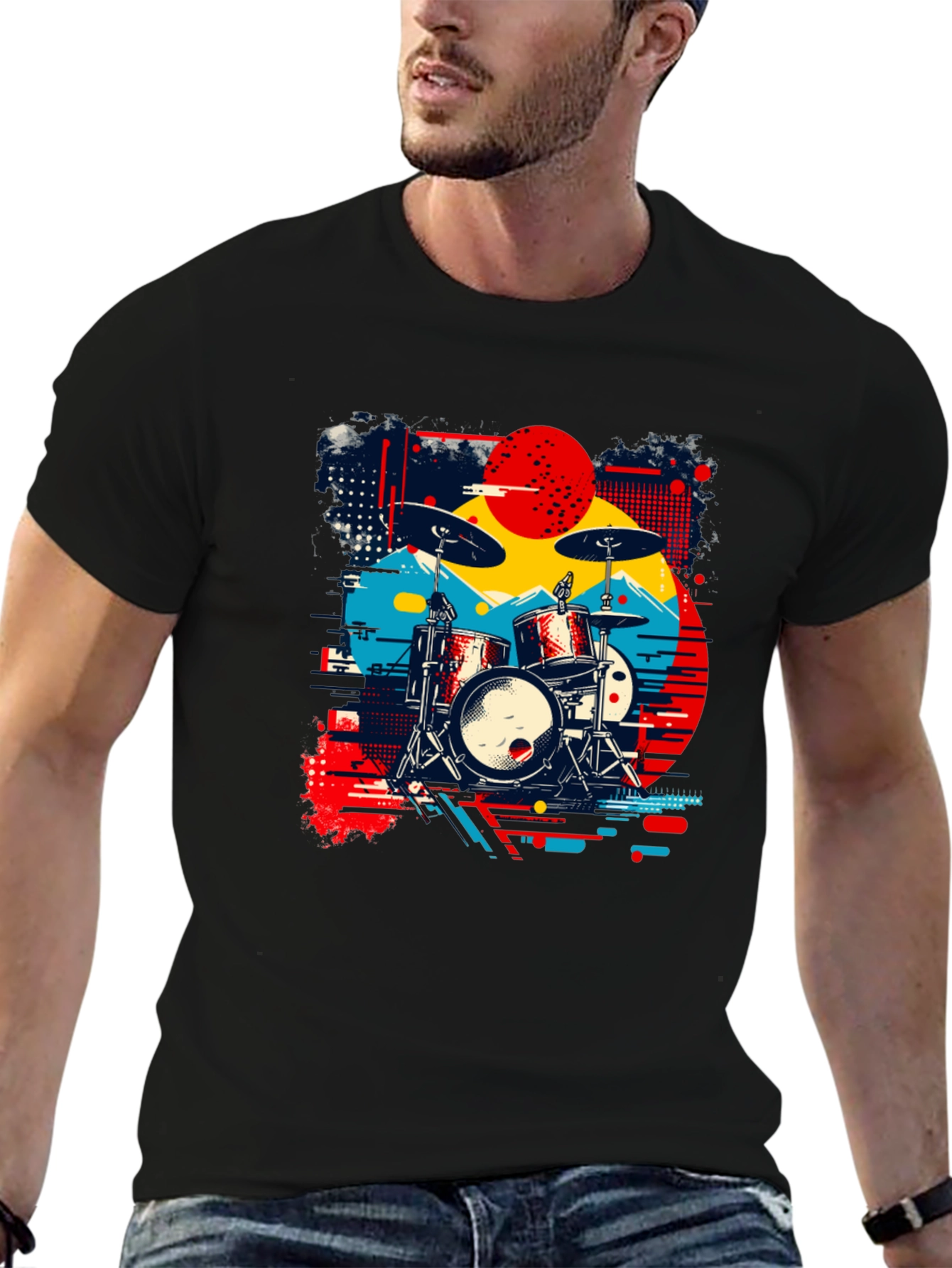Black Retro Drum Kit Graphic Tee view 6