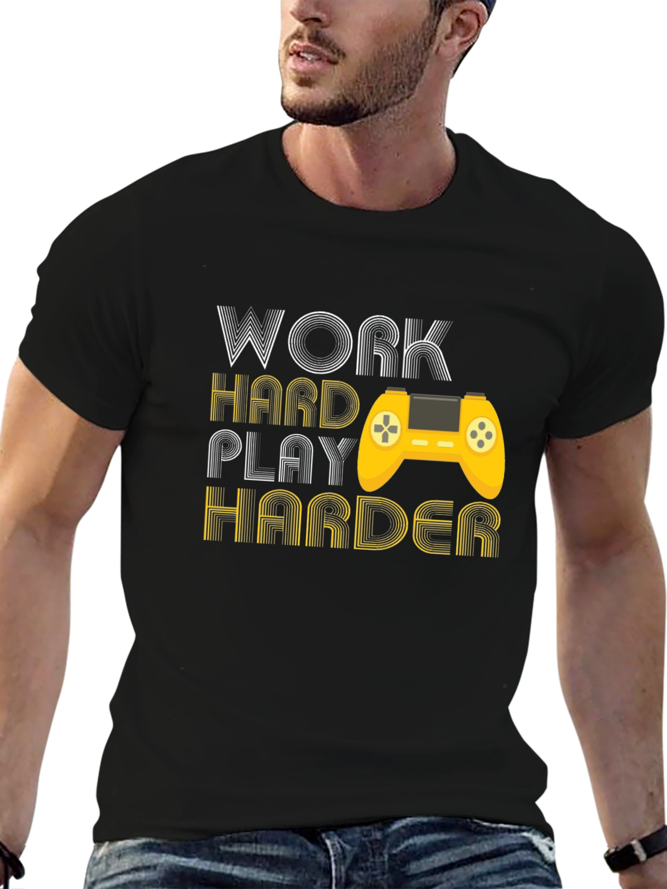 Black Work Hard Play Harder Gaming T-Shirt view 6