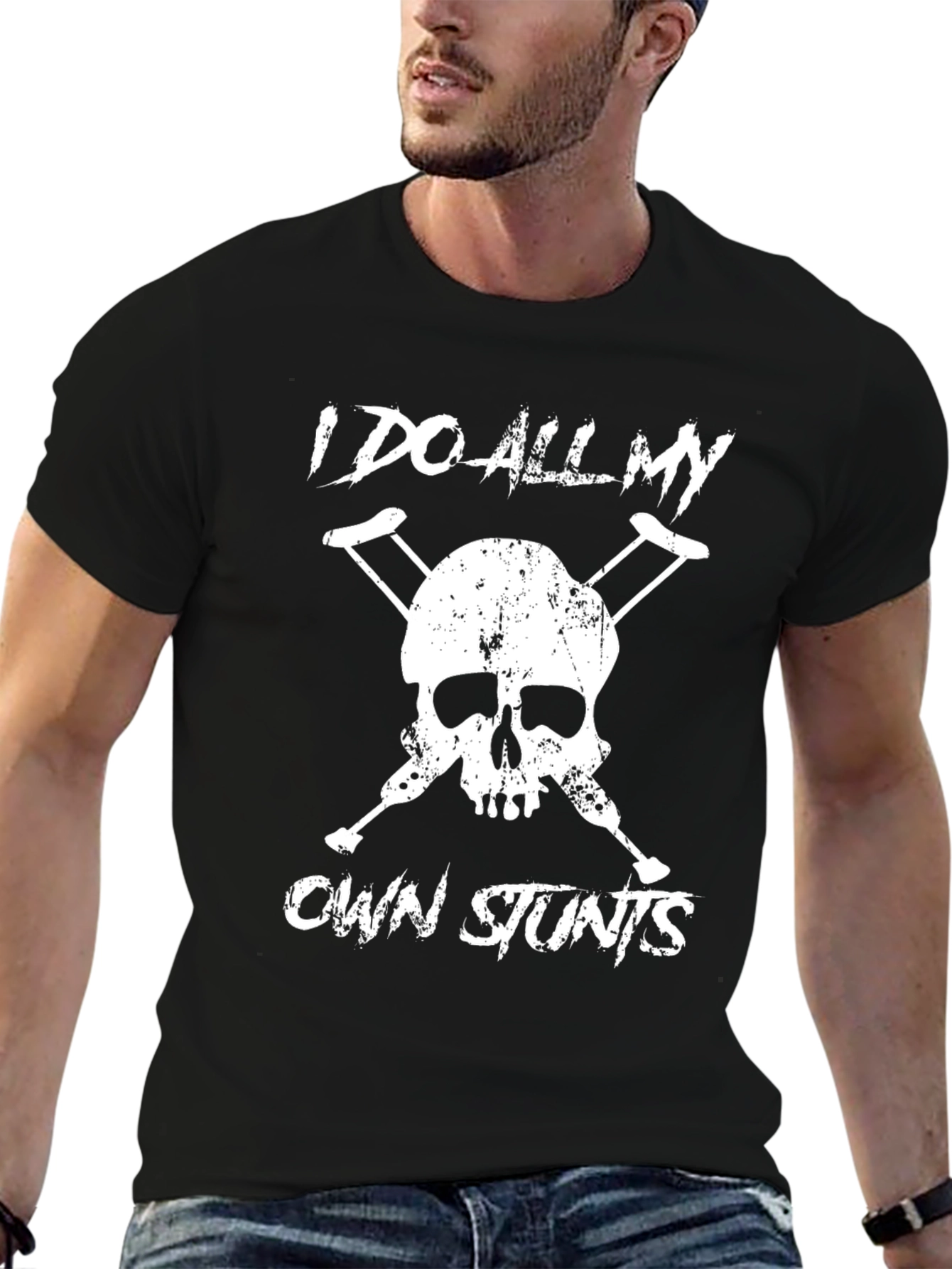 Black I Do All My Own Stunts Skull Crutches Graphic Tee view 6