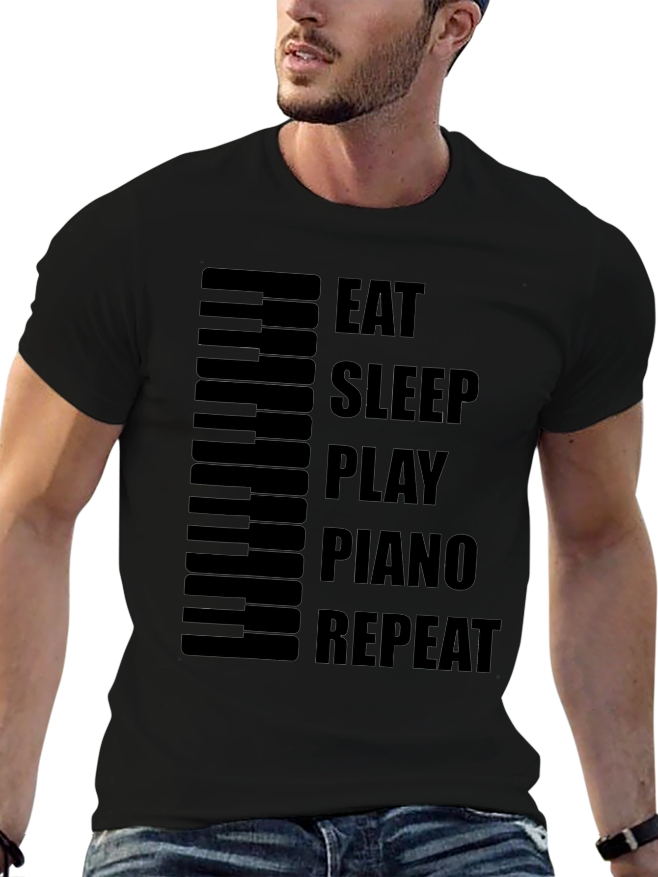 Black Eat Sleep Play Piano Repeat - Black T-Shirt view 6