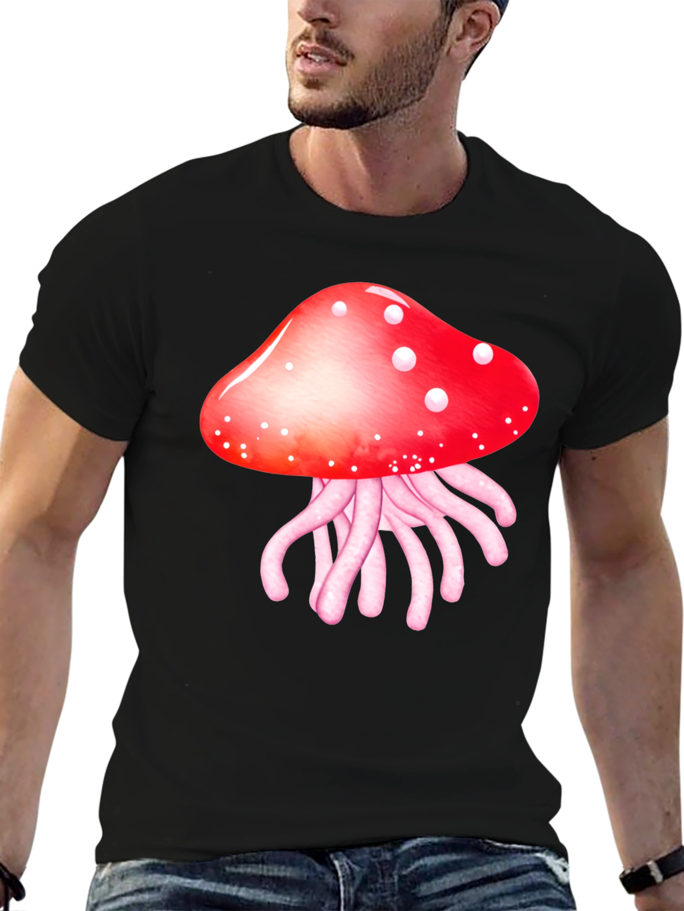 Black Mushroom Jellyfish Graphic T-Shirt - Funky Crew Neck Tee view 6