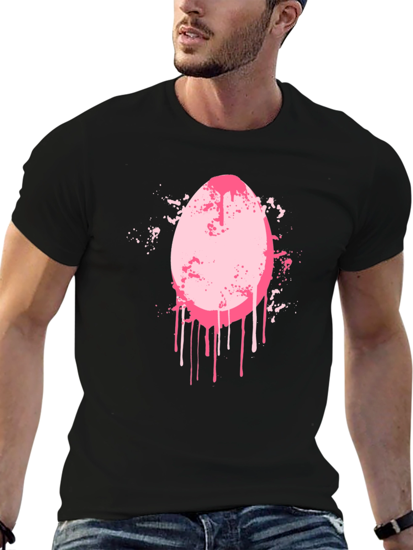 Black Men's Black T-Shirt with Pink Egg Graphic view 6