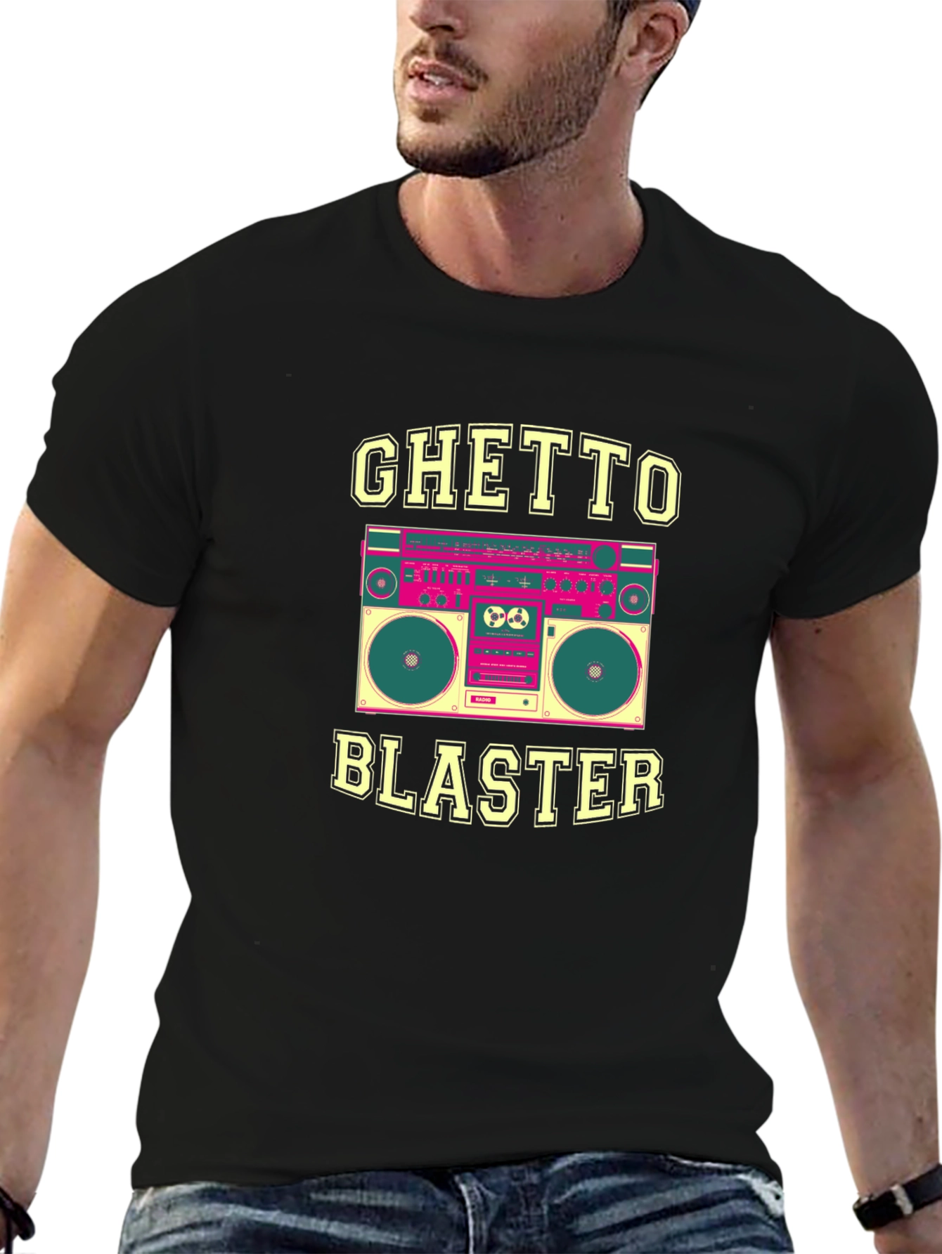 Black Ghetto Blaster Graphic Tee - Retro Boombox Design view 6