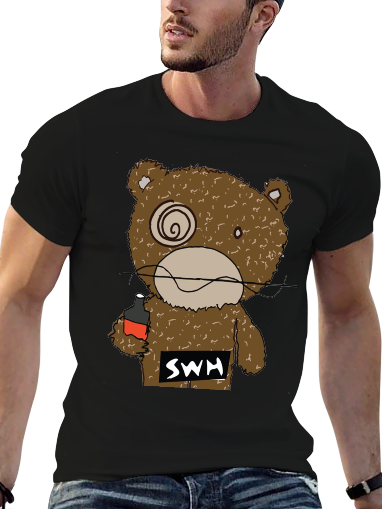 Black Drunk Bear Graphic Tee - Funny Cartoon Shirt view 6
