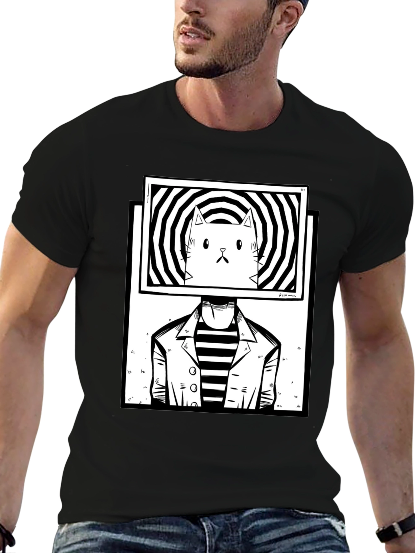 Black Abstract Cat Head T-Shirt view 6