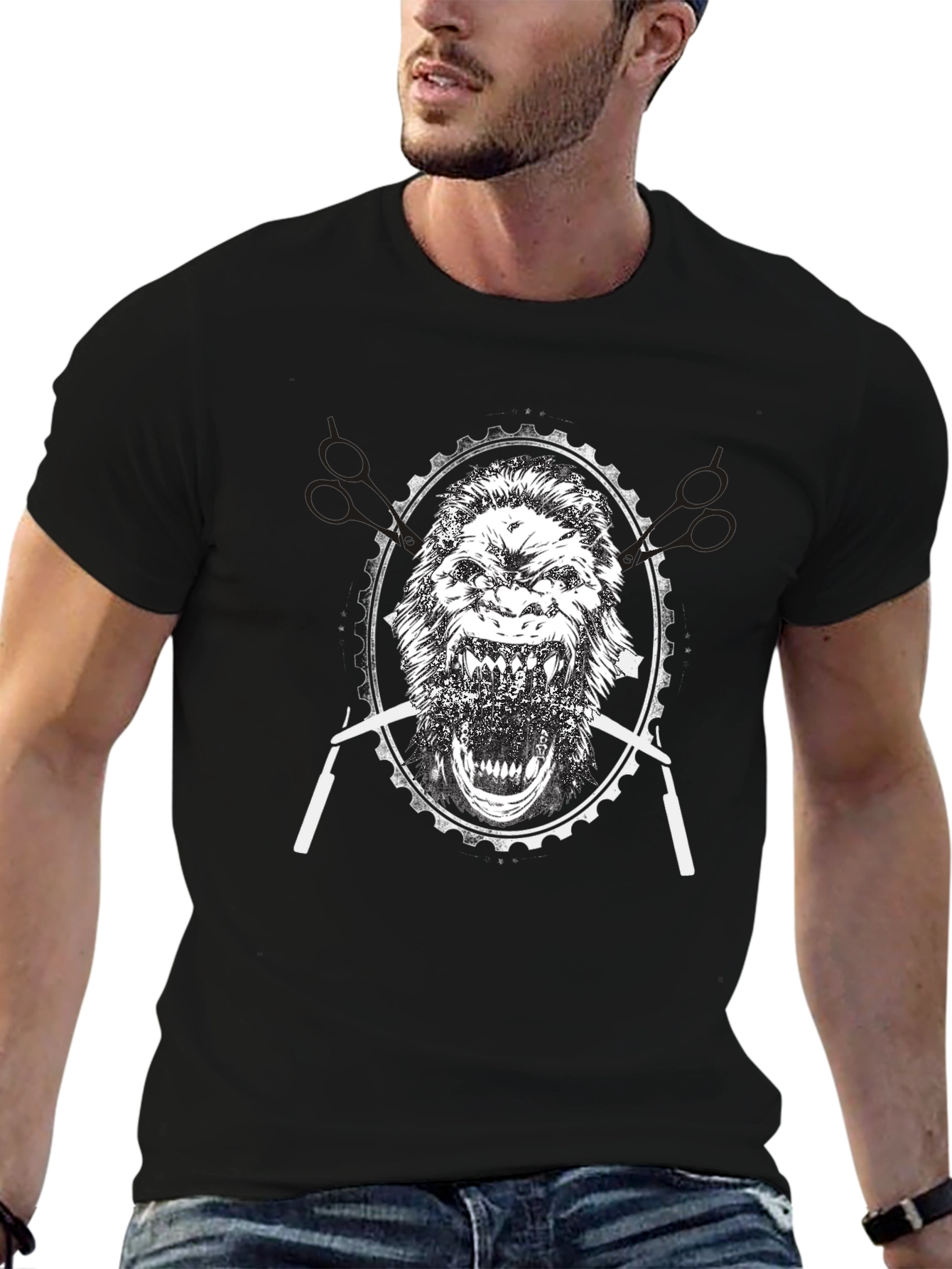 Black Men's Black Sasquatch Barber Graphic T-Shirt view 6