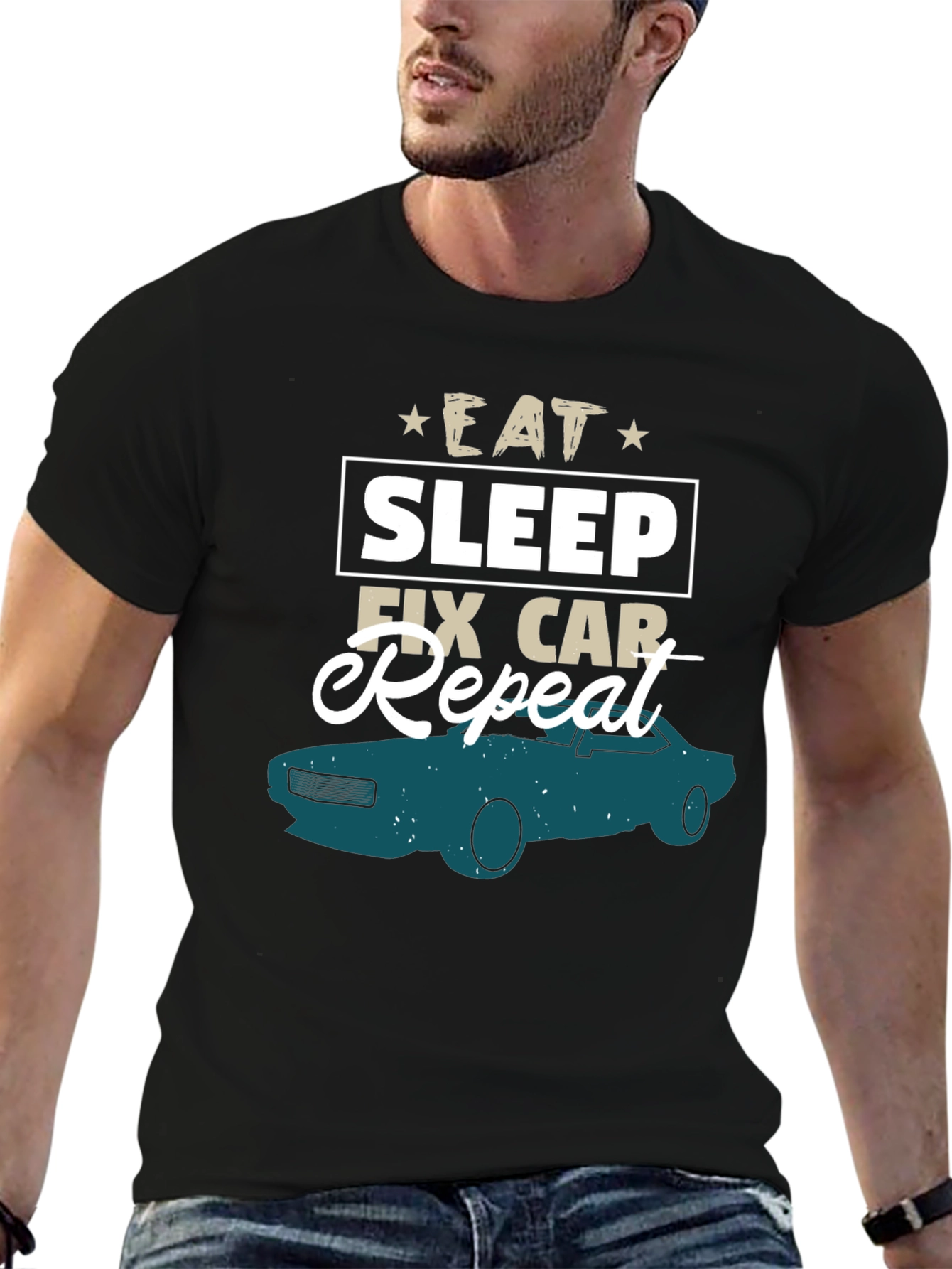 Black Eat Sleep Fix Car Repeat Graphic Tee view 6