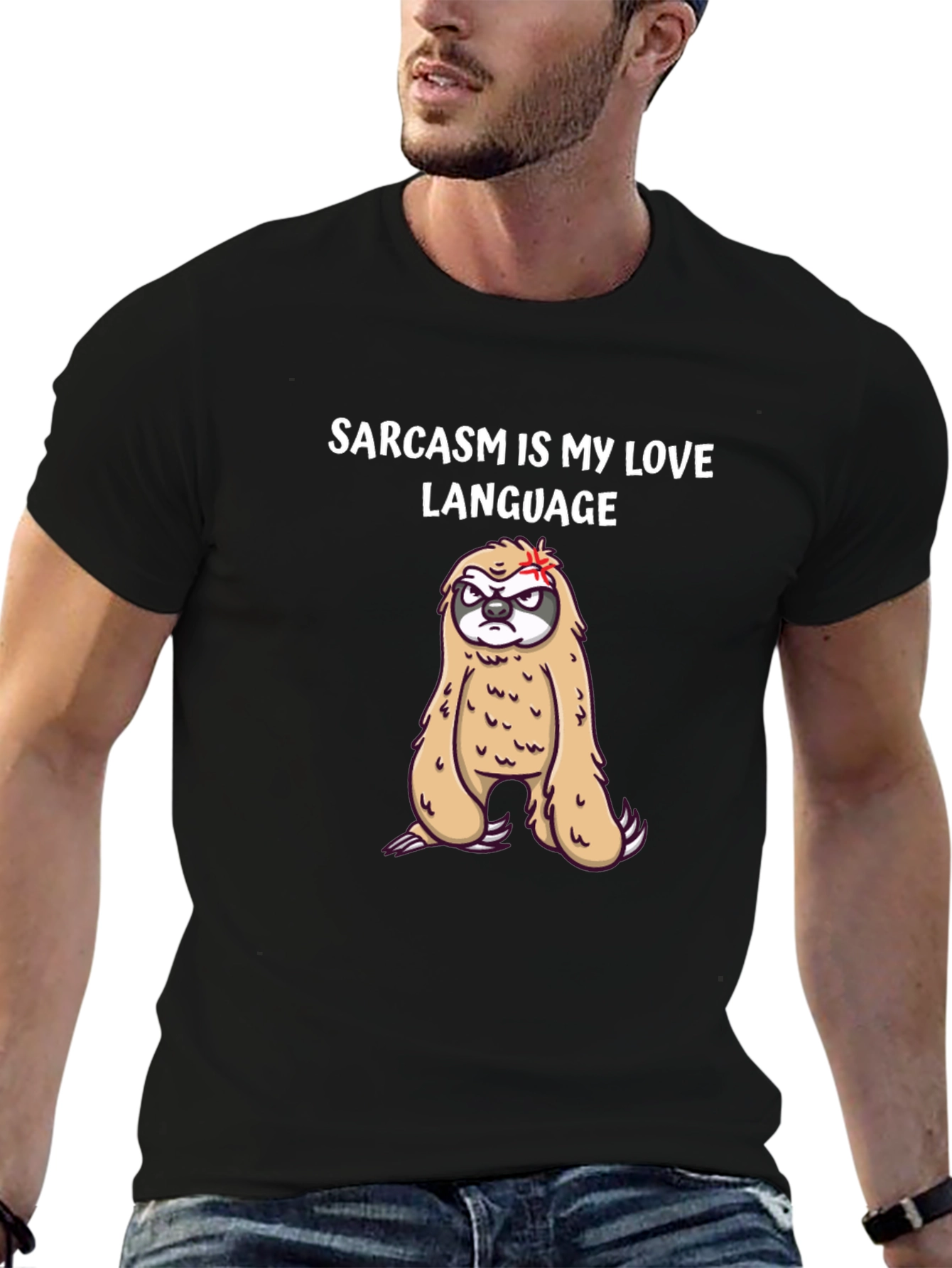Black Sarcasm Sloth Graphic Tee - Funny Novelty T-Shirt view 6