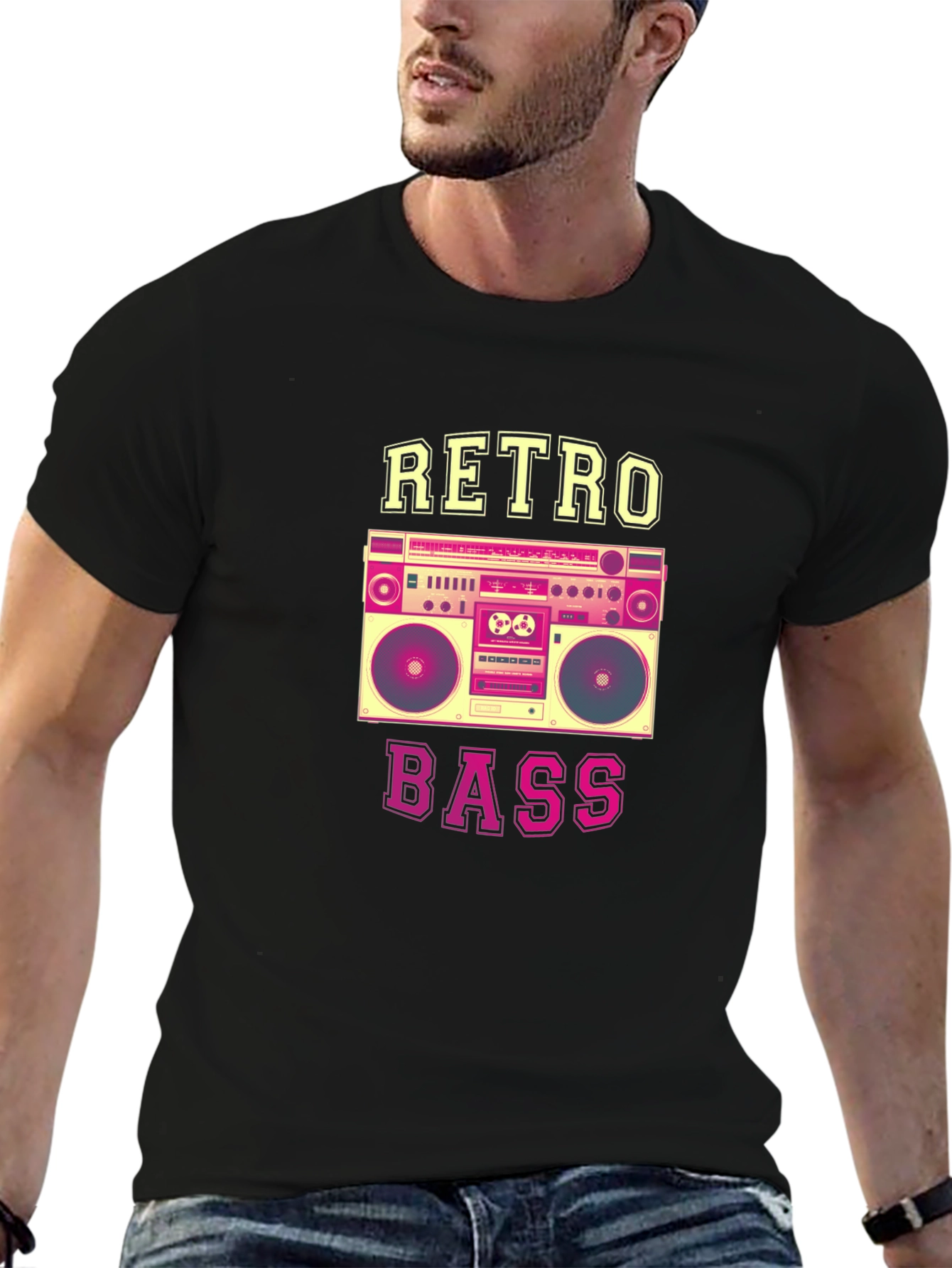 Black Retro Bass Boombox Graphic Tee - Black Cotton Blend view 6