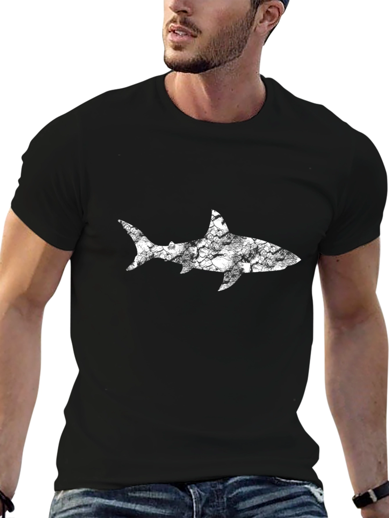Black Men's Shark Graphic T-Shirt - Distressed Style view 6