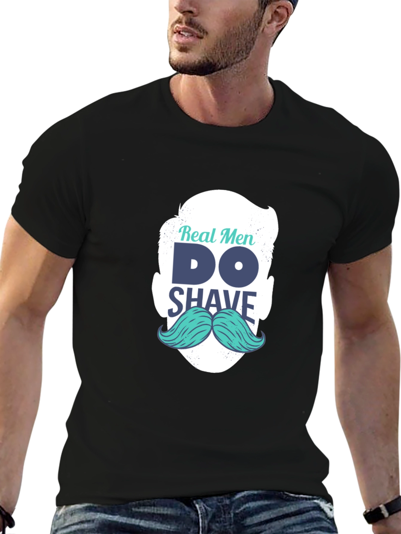 Black Real Men Shave T-Shirt: Cool Mustache Graphic Tee view 6