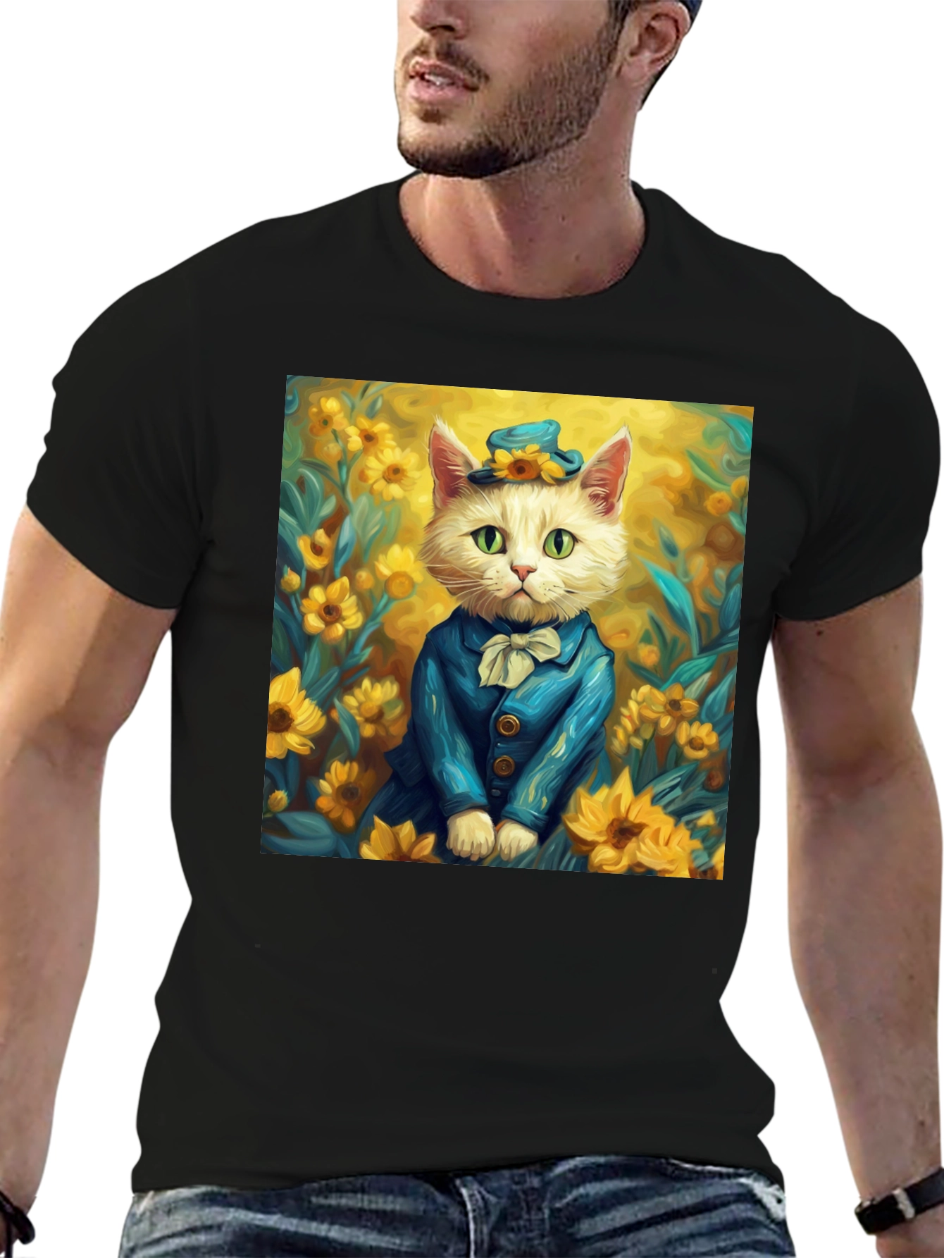 Black Cat in Sunflowers T-Shirt - Stylish Graphic Tee view 6