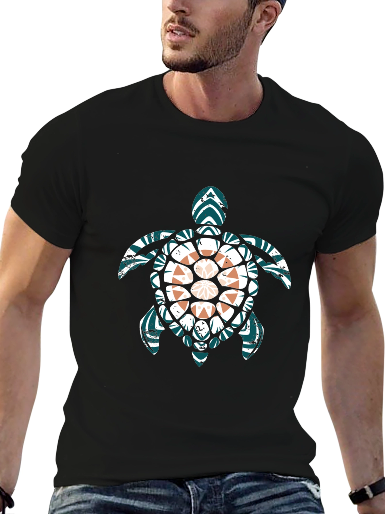 Black Turtle Graphic Tee - Black Cotton Blend Casual T-Shirt view 6