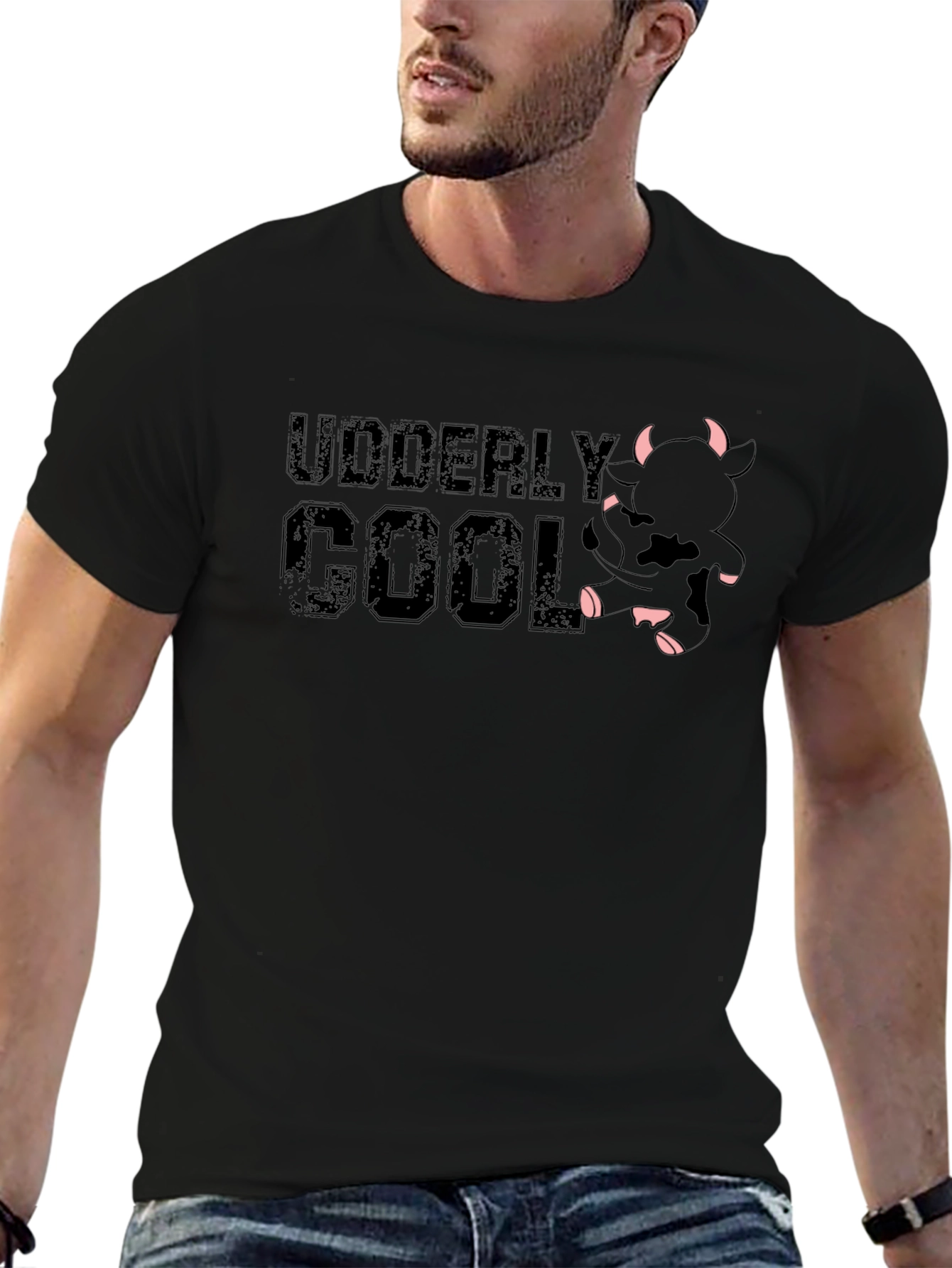 Black Udderly Cool Black T-Shirt - Novelty Cow Design view 6