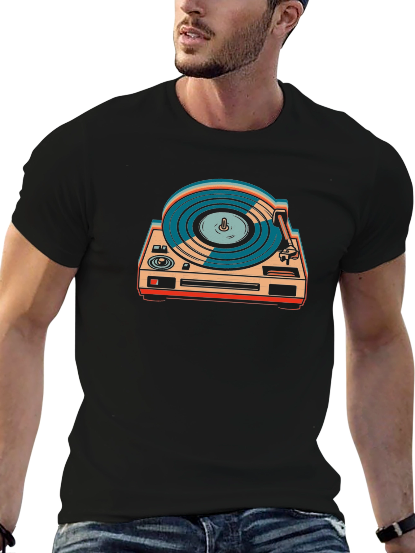 Black Retro Turntable Graphic Tee - Vinyl Record Player Shirt view 6