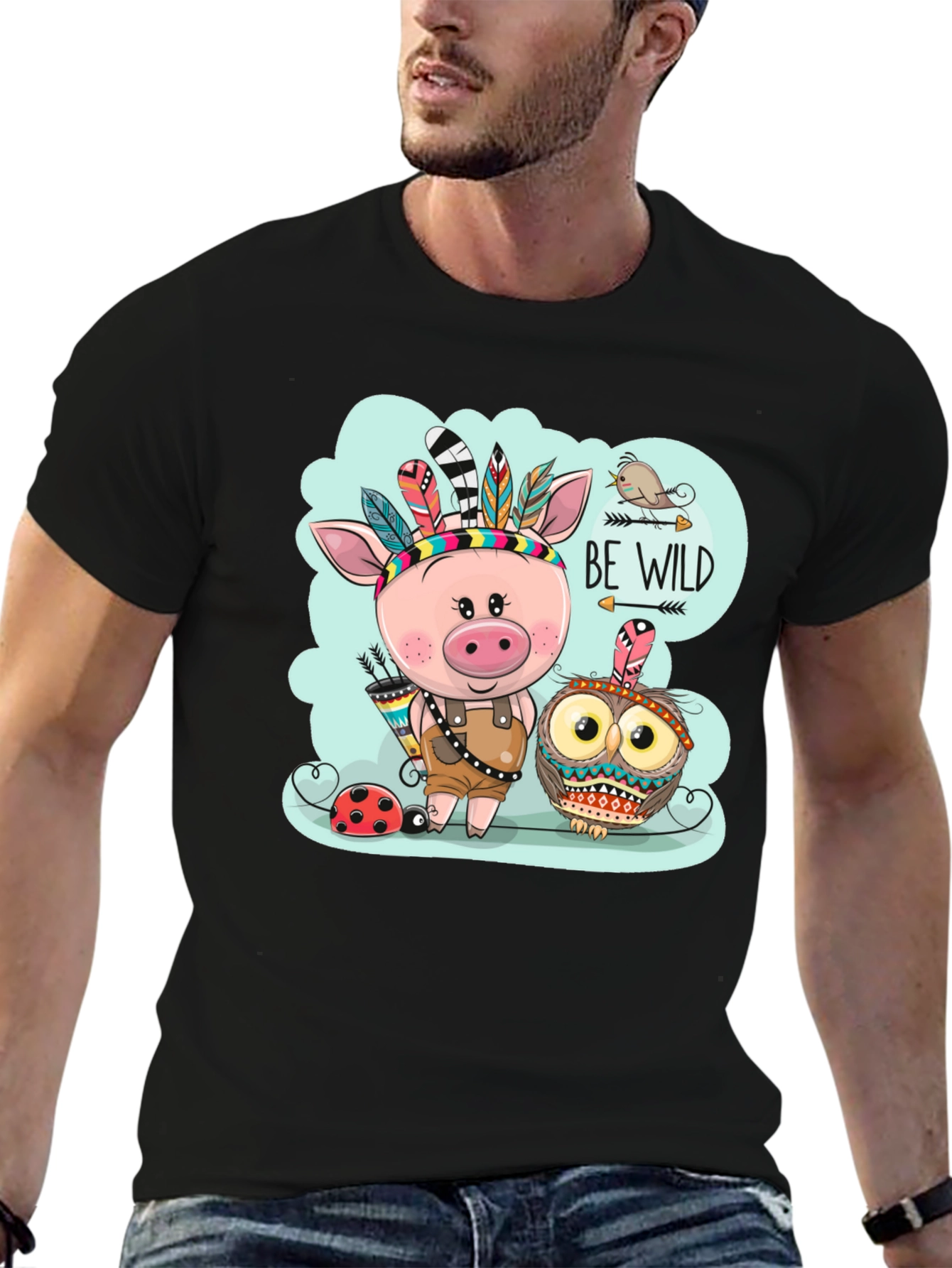 Black Be Wild T-Shirt - Pig & Owl Graphic Tee view 6