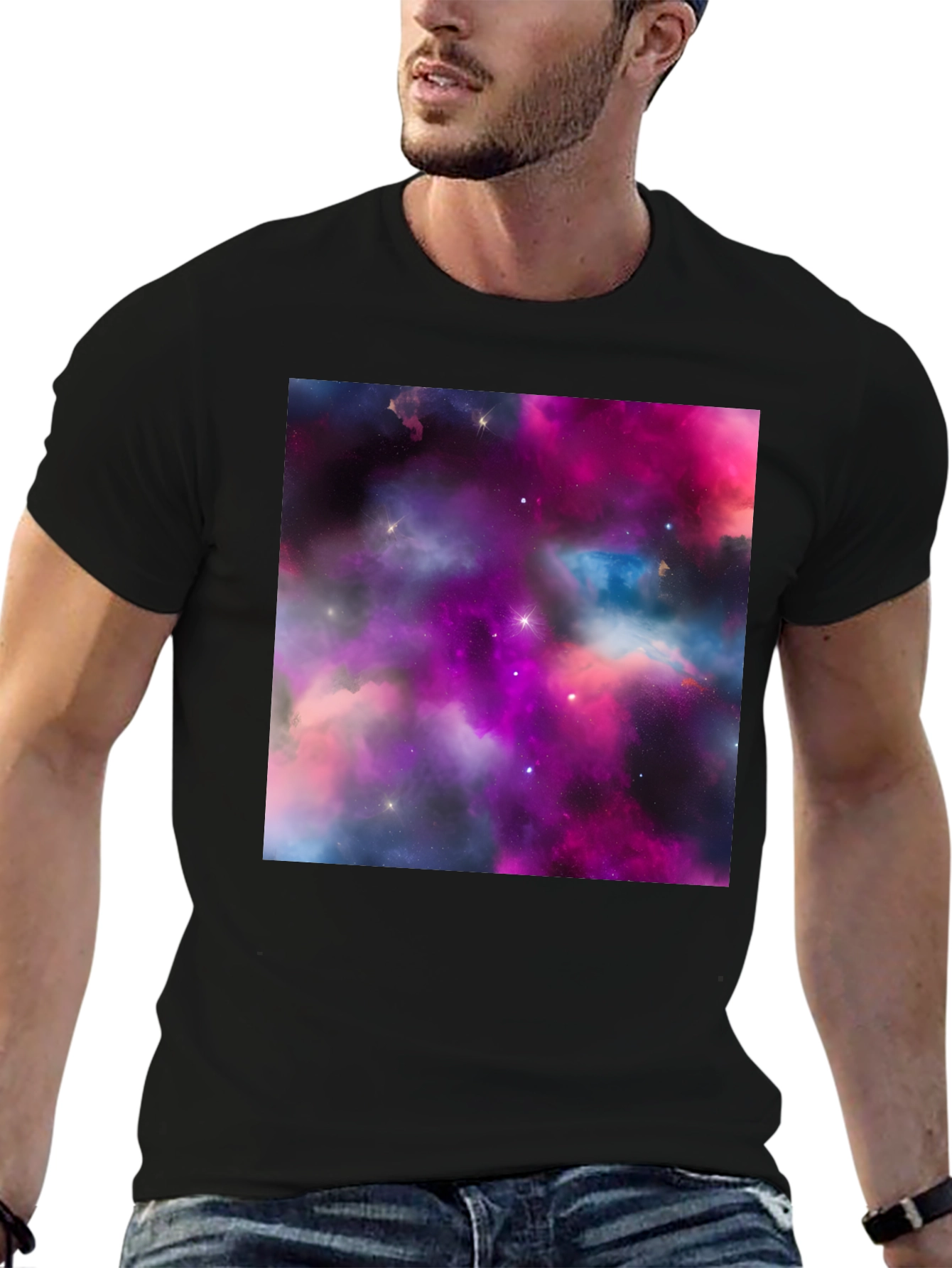 Black Galaxy Print Black T-Shirt - Stylish Outer Space Design view 6