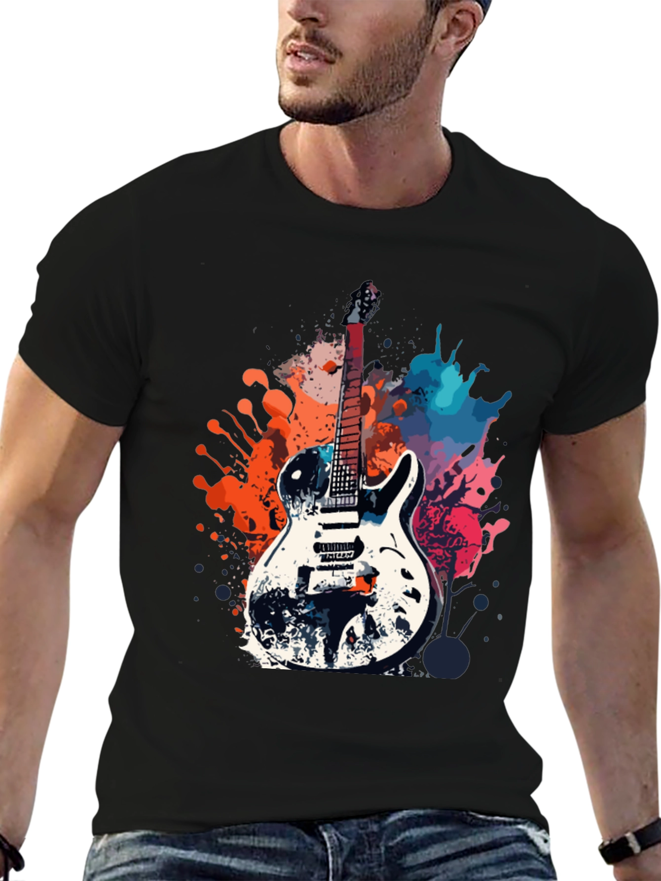 Black Guitar Splash Graphic T-Shirt - Rock Style Tee view 6