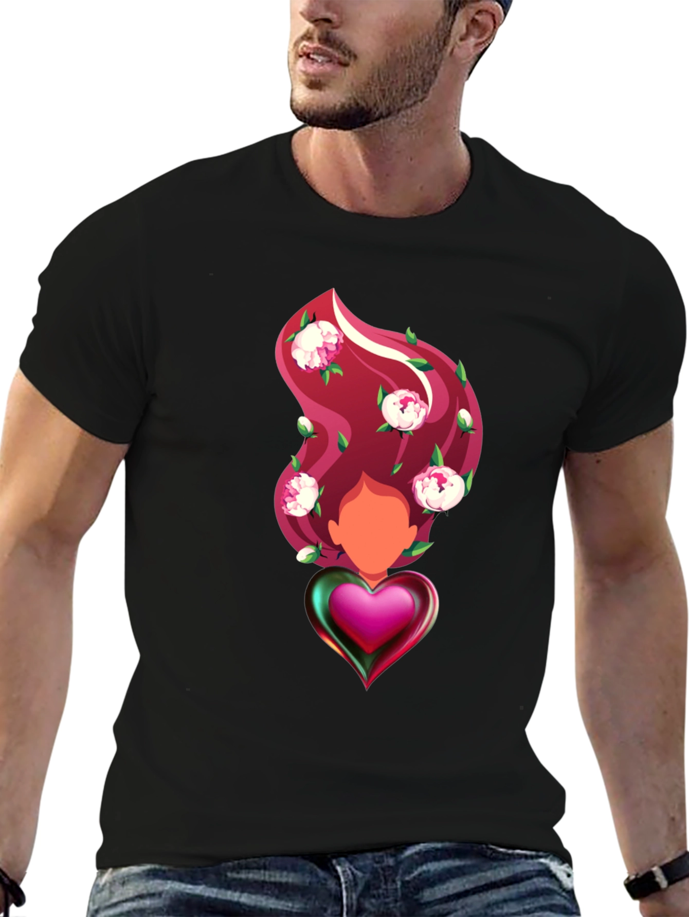 Black Heart & Floral T-Shirt - Artistic Graphic Tee view 6