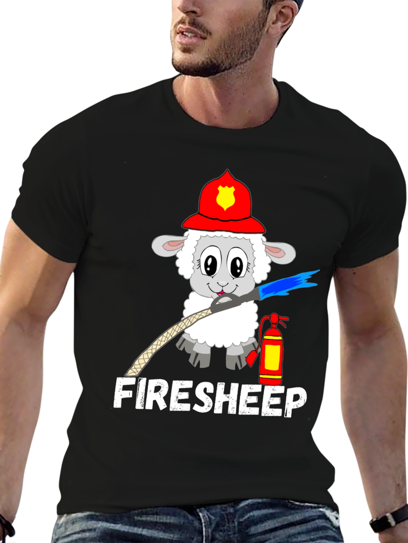 Black Funny Fire Sheep Graphic T-Shirt view 6