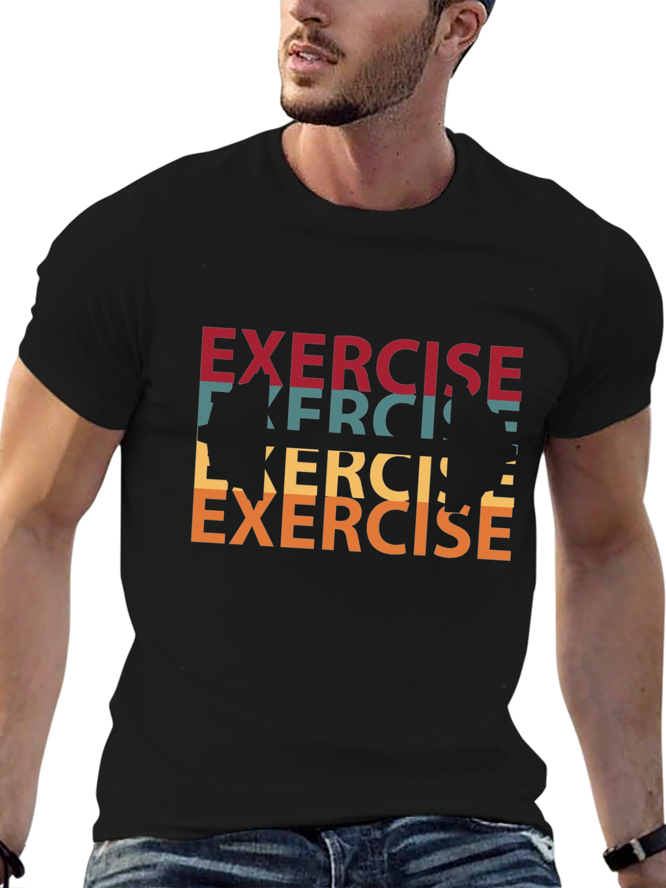 Black Retro Exercise Graphic Tee - Black Cotton T-Shirt view 6