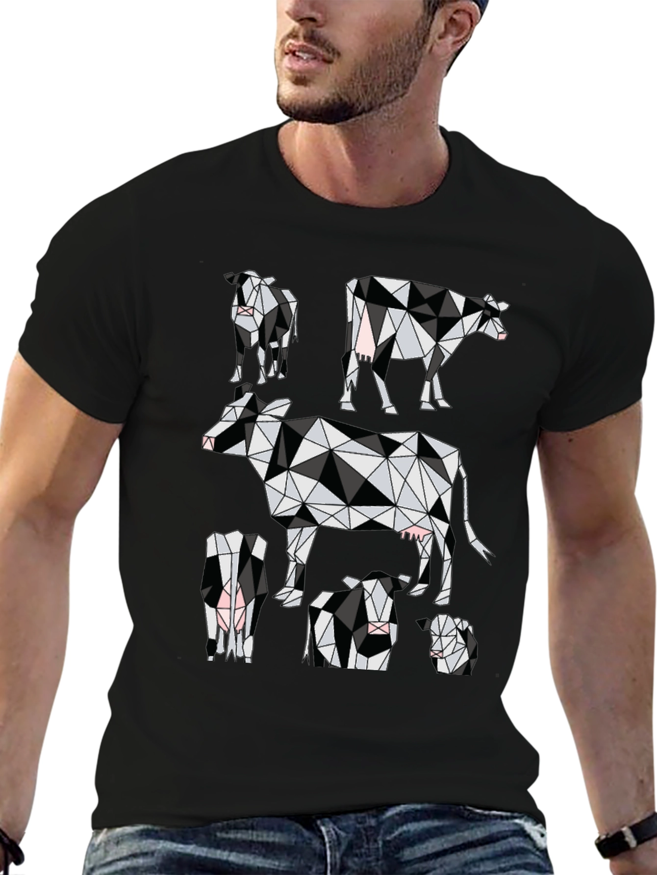 Black Geometric Cow Print Black T-Shirt view 6