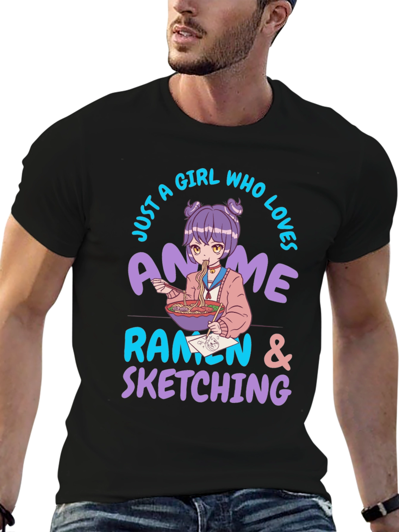 Black Anime Ramen Sketching Graphic T-Shirt view 6
