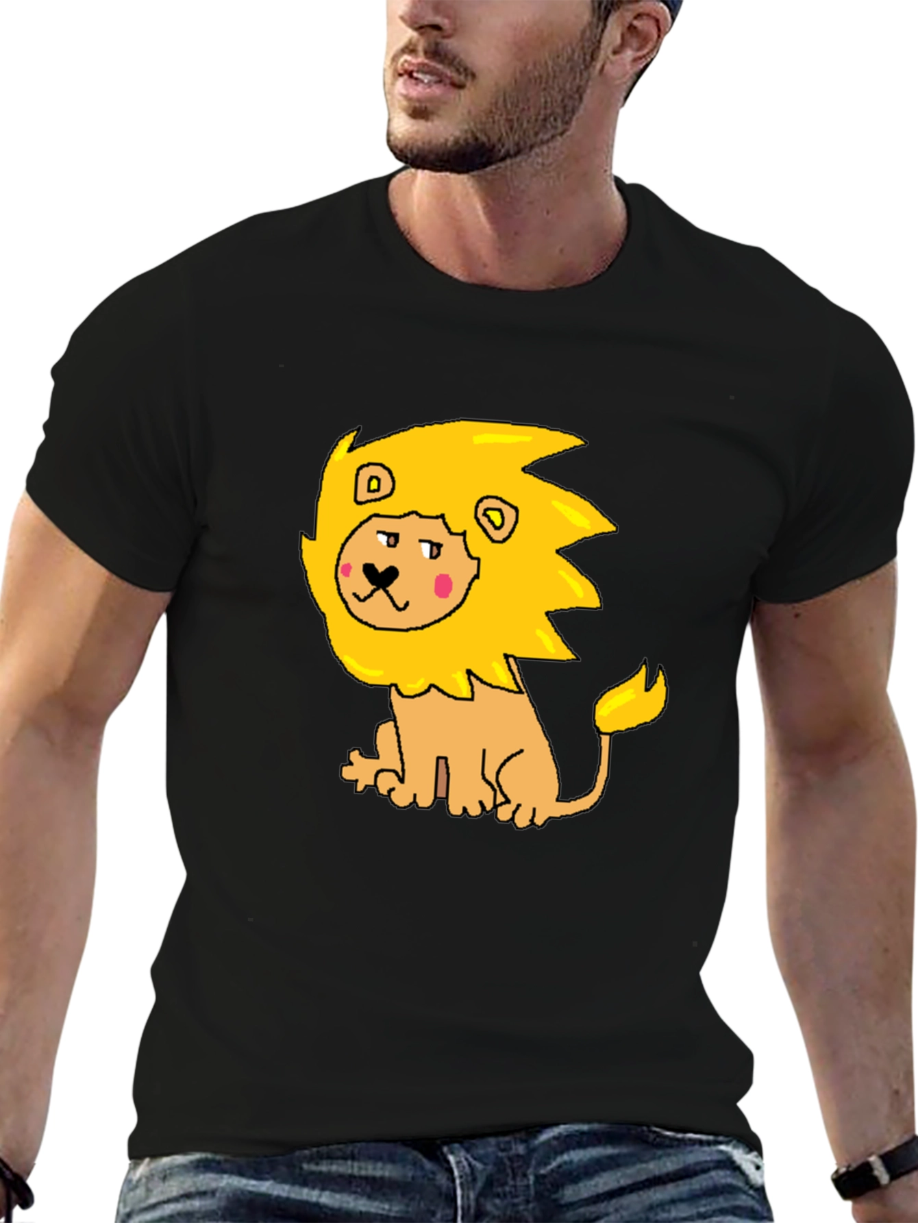 Black Cartoon Lion Graphic Tee - Men's Black T-Shirt view 6